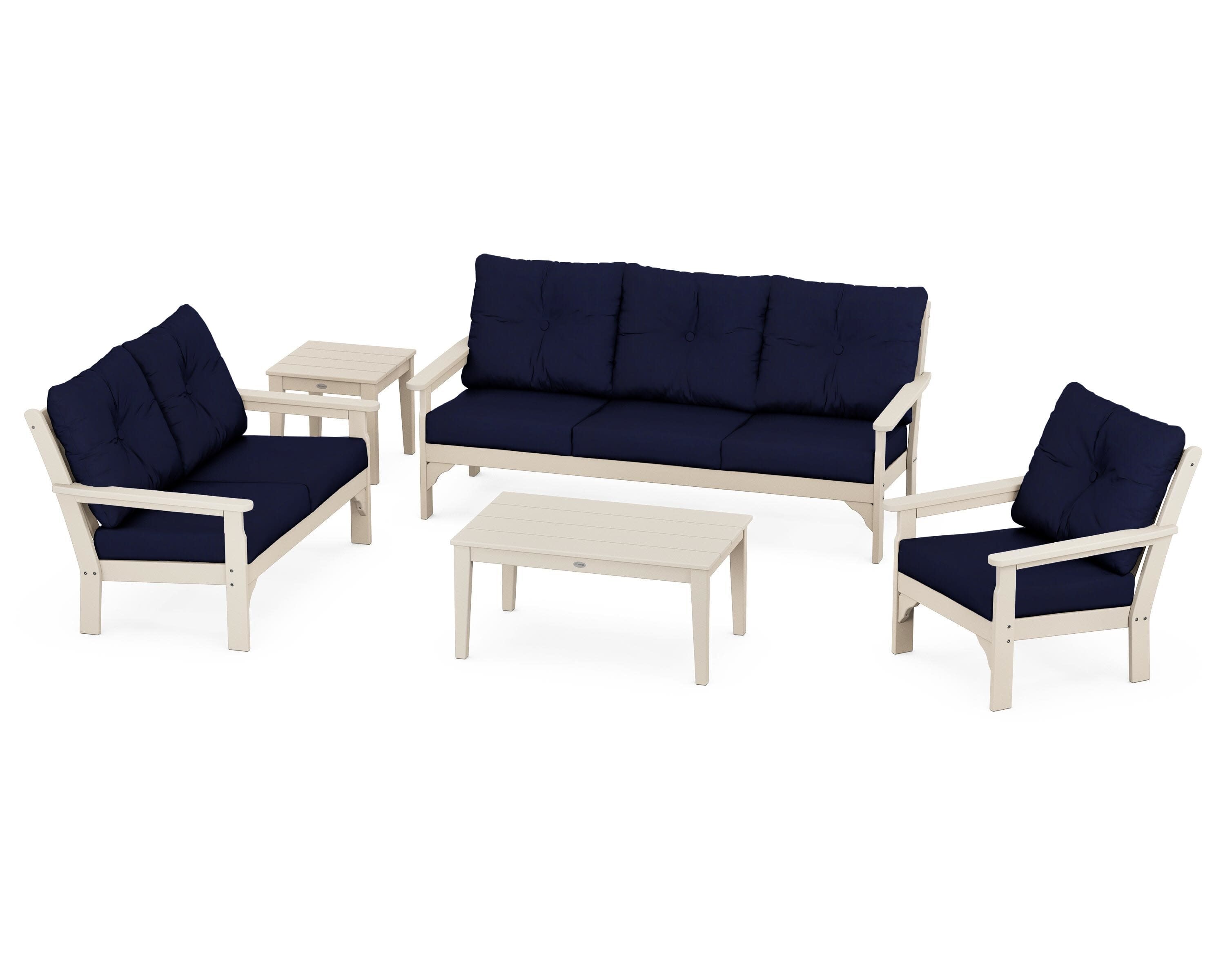 Vineyard 5 Piece Deep Seating Set in Sand / Navy