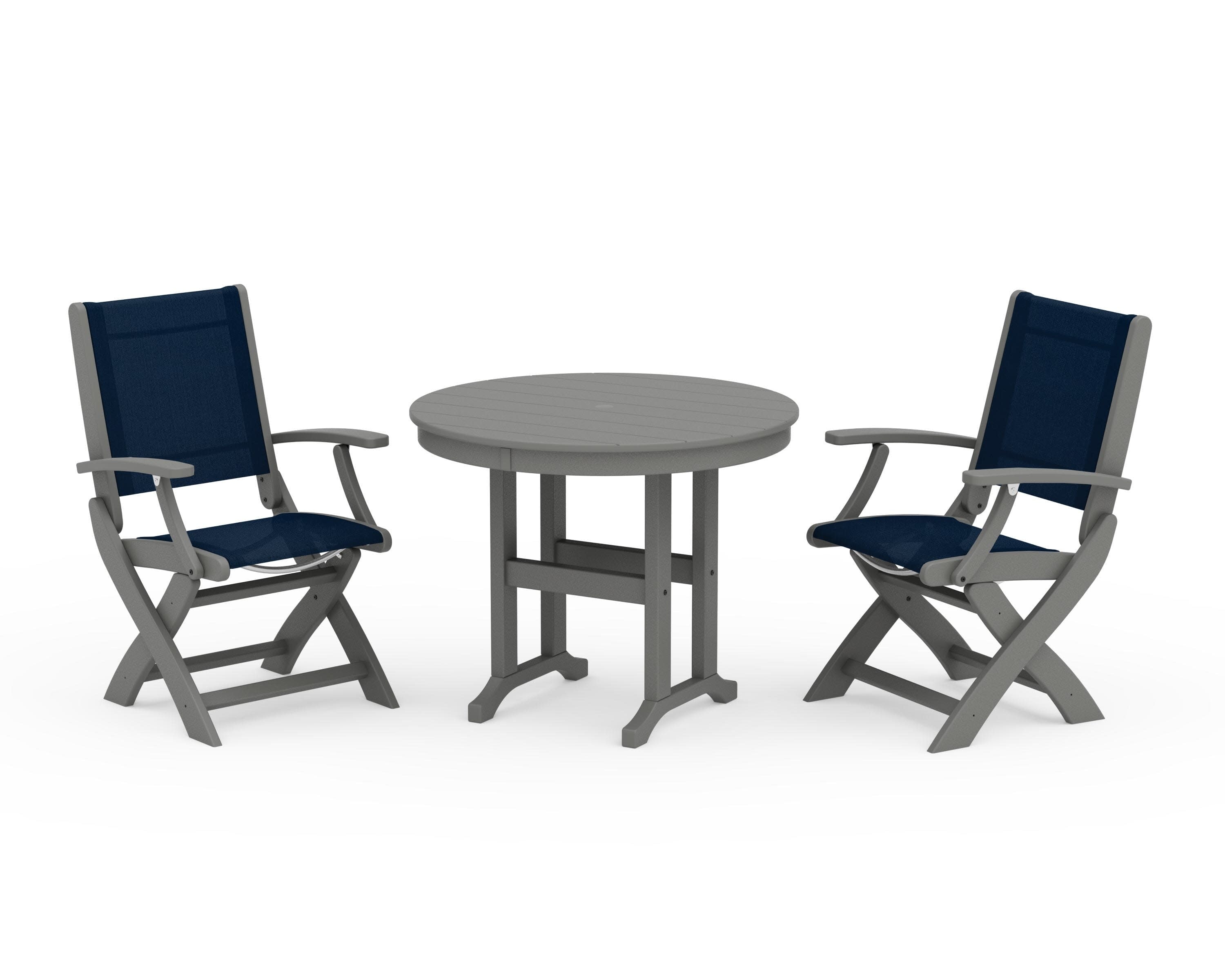 Coastal Folding Chair 3-Piece Round Dining Set in Slate Grey / Navy Blue Sling