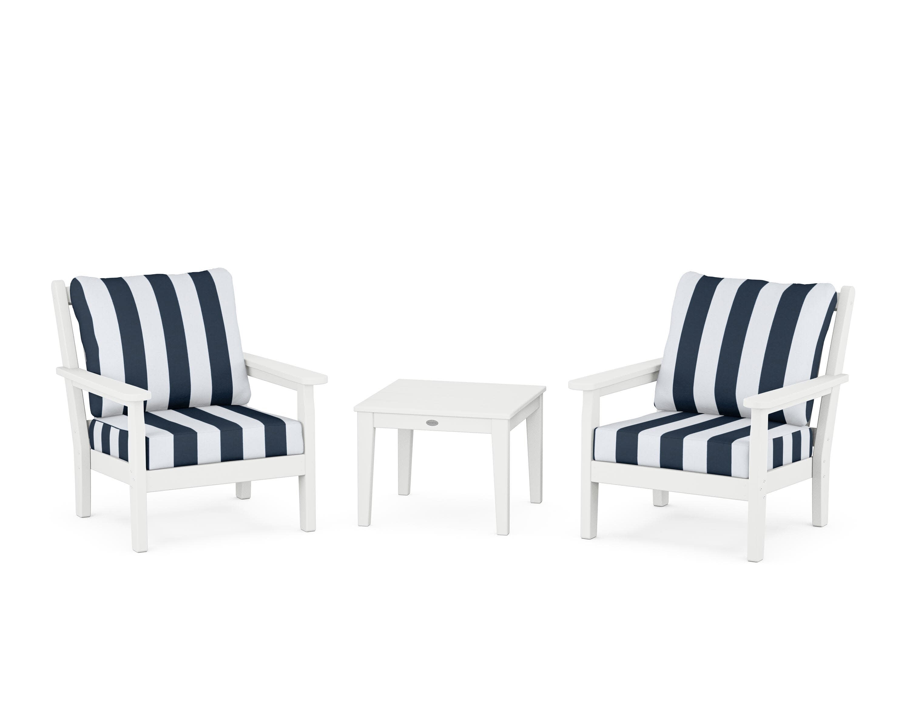 Chippendale 3-Piece Deep Seating Set in White / Cabana Stripe Marine Indigo