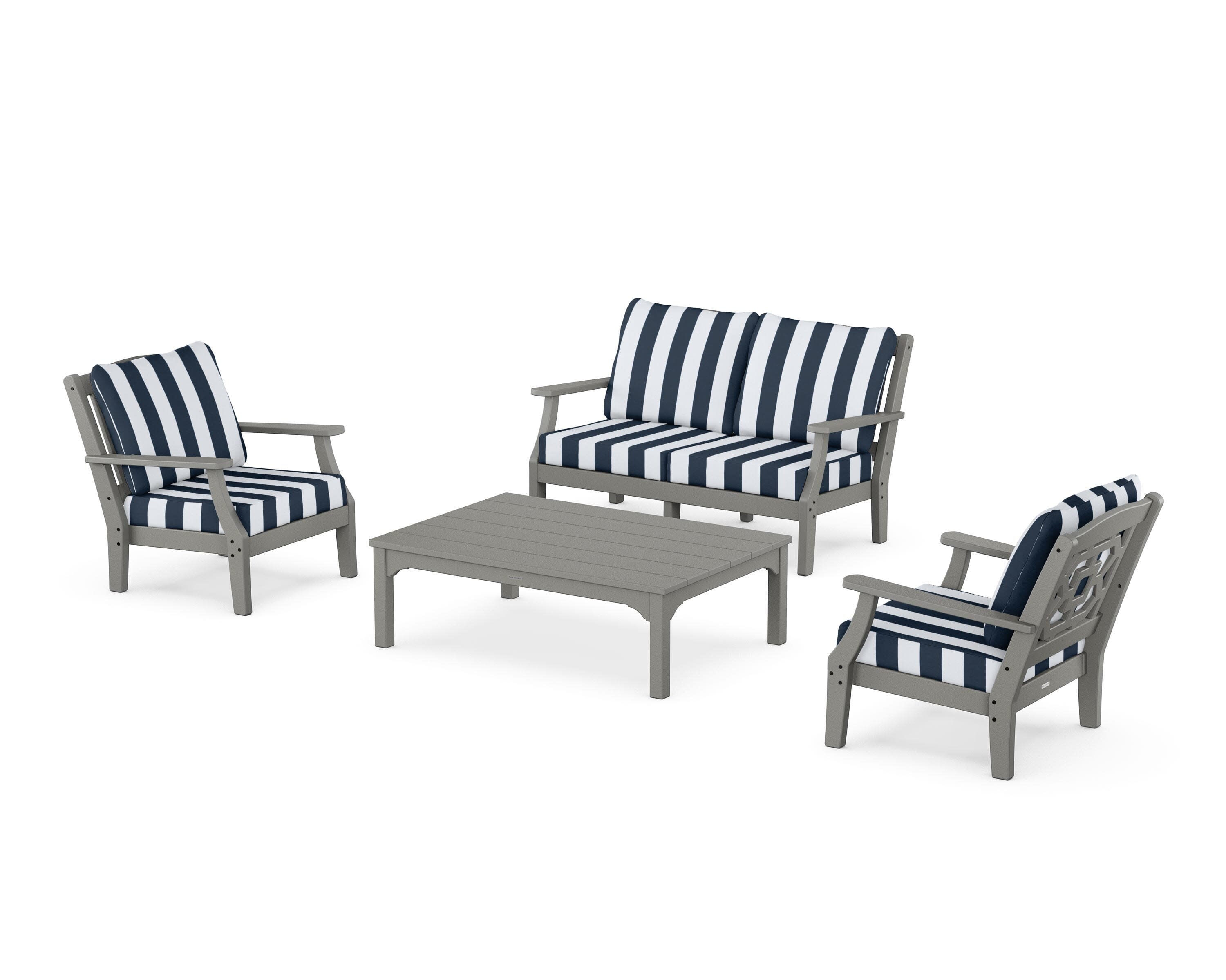 Chinoiserie 4-Piece Deep Seating Set with Loveseat in Slate Grey / Cabana Stripe Marine Indigo