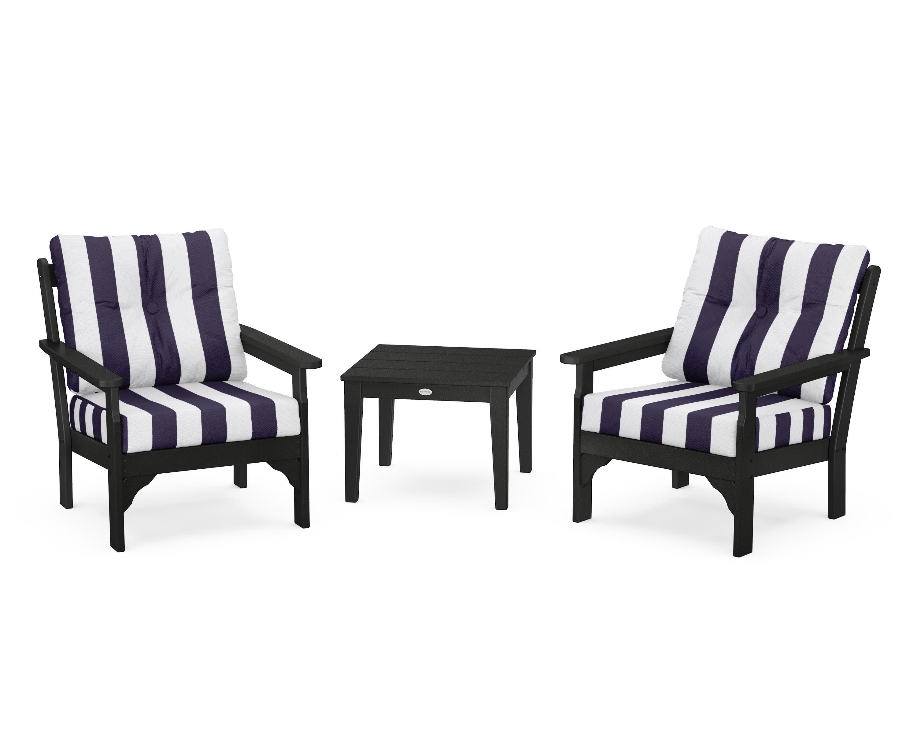 Vineyard 3-Piece Deep Seating Set in Black / Cabana Stripe Navy