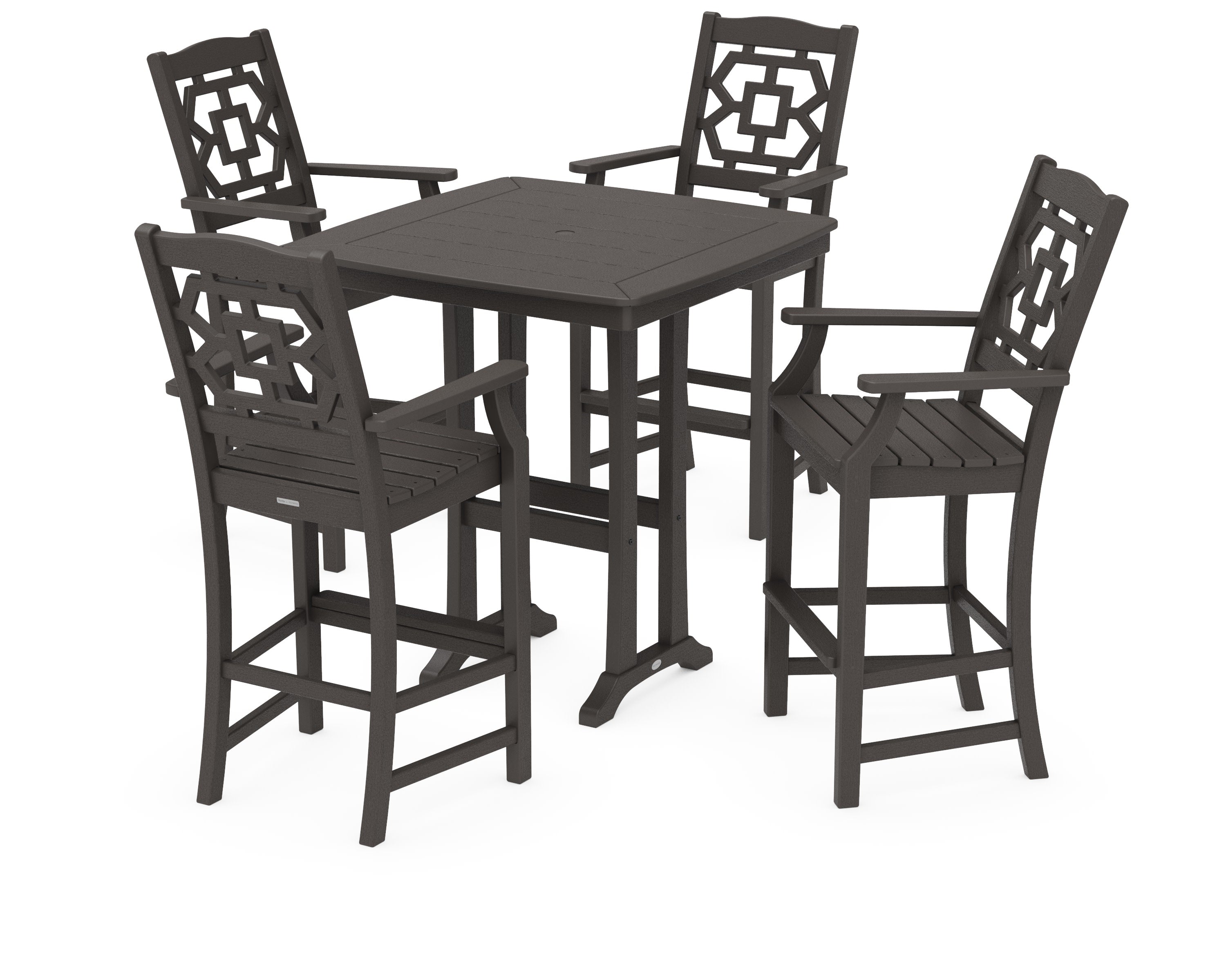 Chinoiserie 5-Piece Bar Set with Trestle Legs in Vintage Coffee