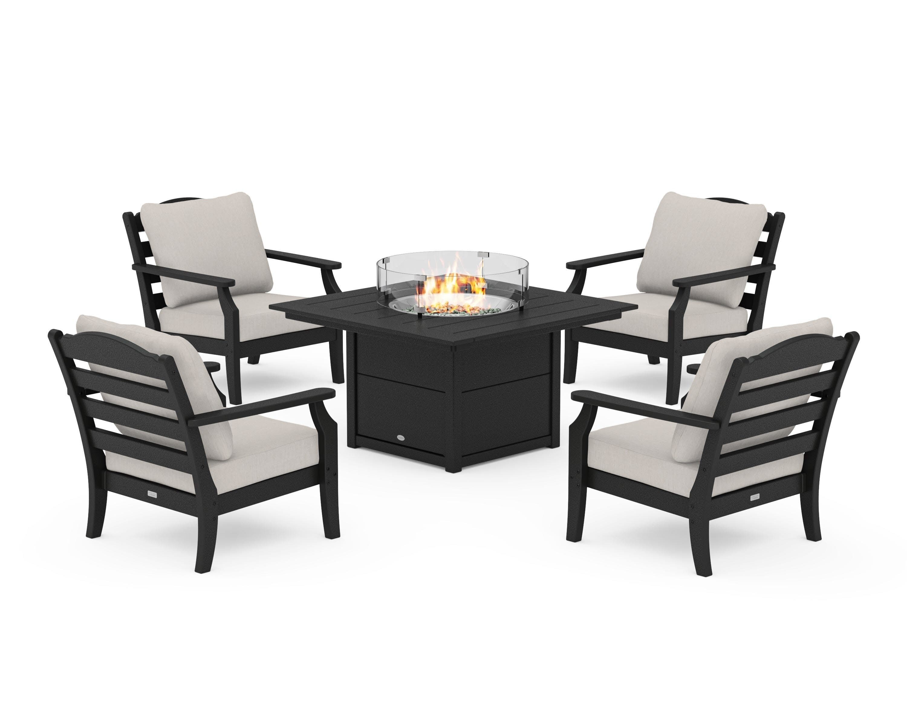 Savannah 5-Piece Deep Seating Set with Fire Pit Table in Black / Cast Ash