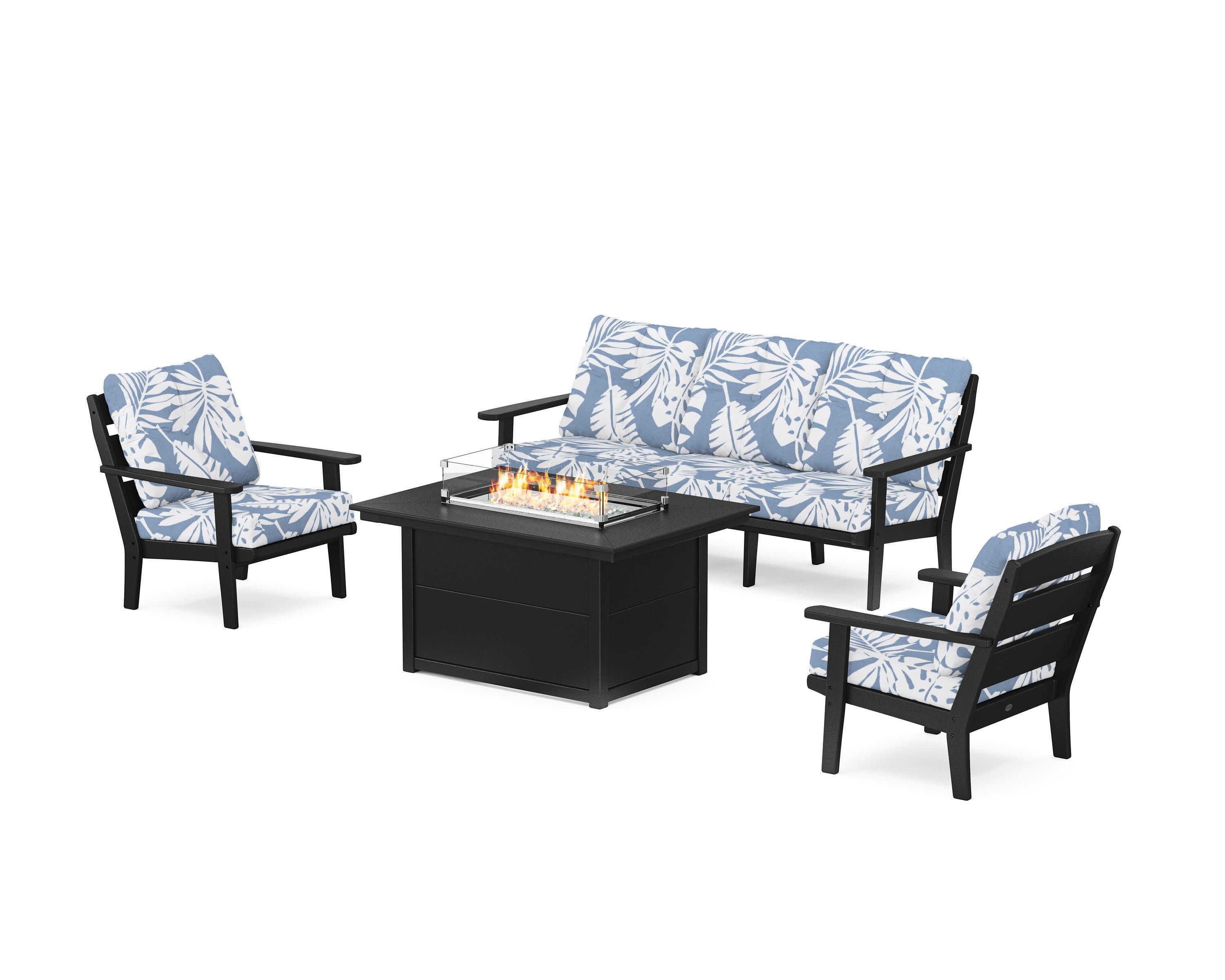 Lakeside Deep Seating Fire Pit Table Set in Black / Leaf Sky Blue