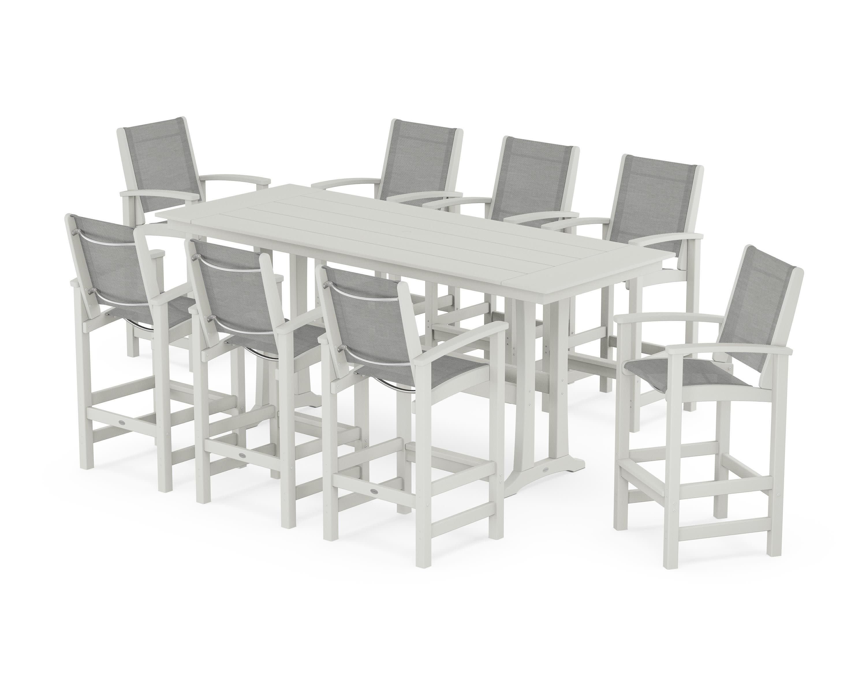 Coastal 9-Piece Farmhouse Bar Set with Trestle Legs in Vintage White / Metallic Sling
