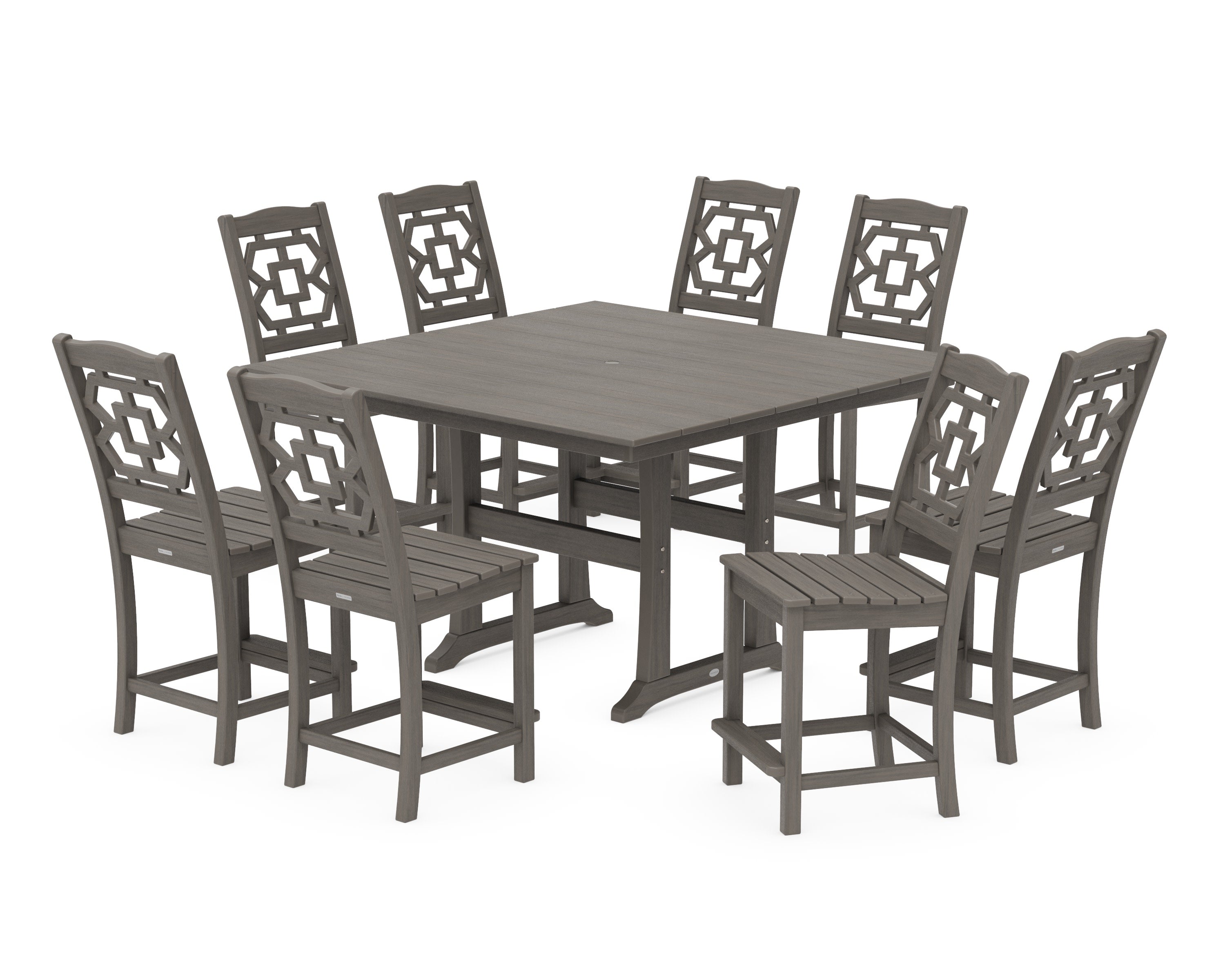 Chinoiserie 9-Piece Square Farmhouse Side Chair Counter Set with Trestle Legs in Driftwood