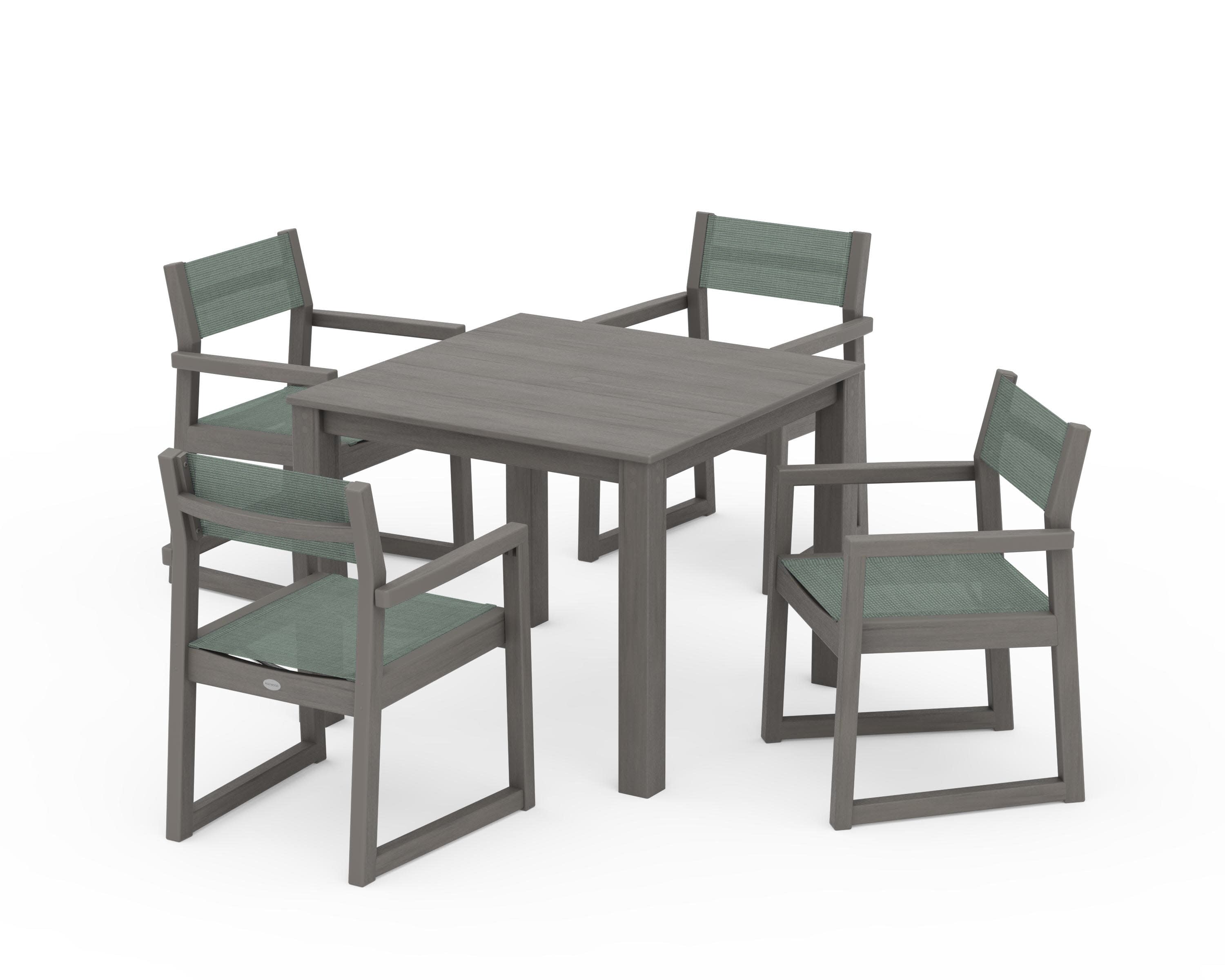EDGE Sling Arm Chair 5-Piece Parsons Dining Set in Driftwood / Dupioni Sea Mist Sling