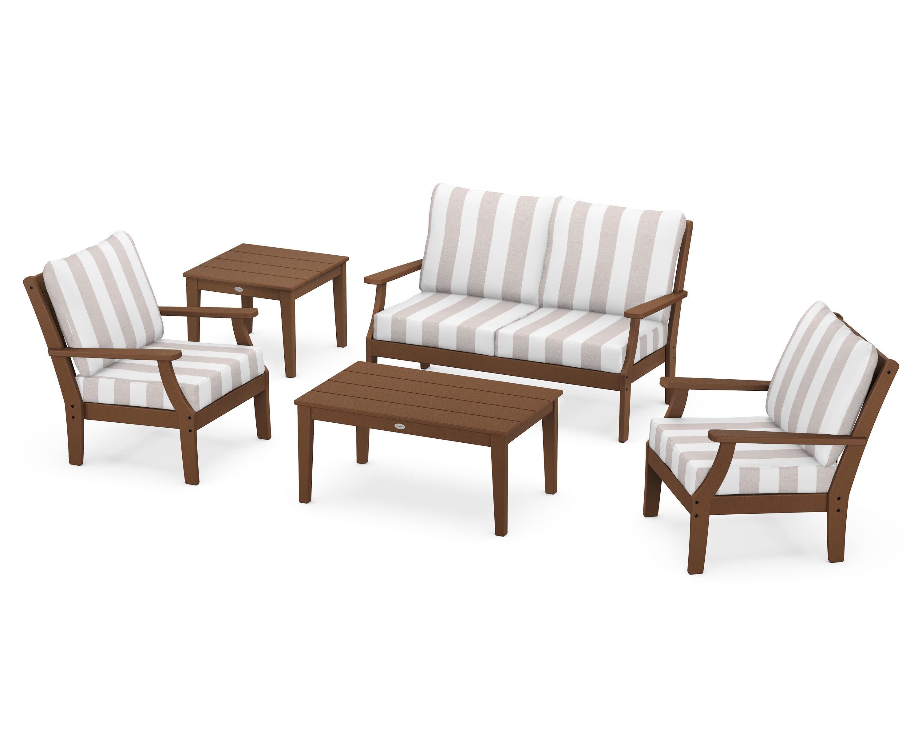 Braxton 5-Piece Deep Seating Set in Teak / Cabana Stripe Dune Burlap