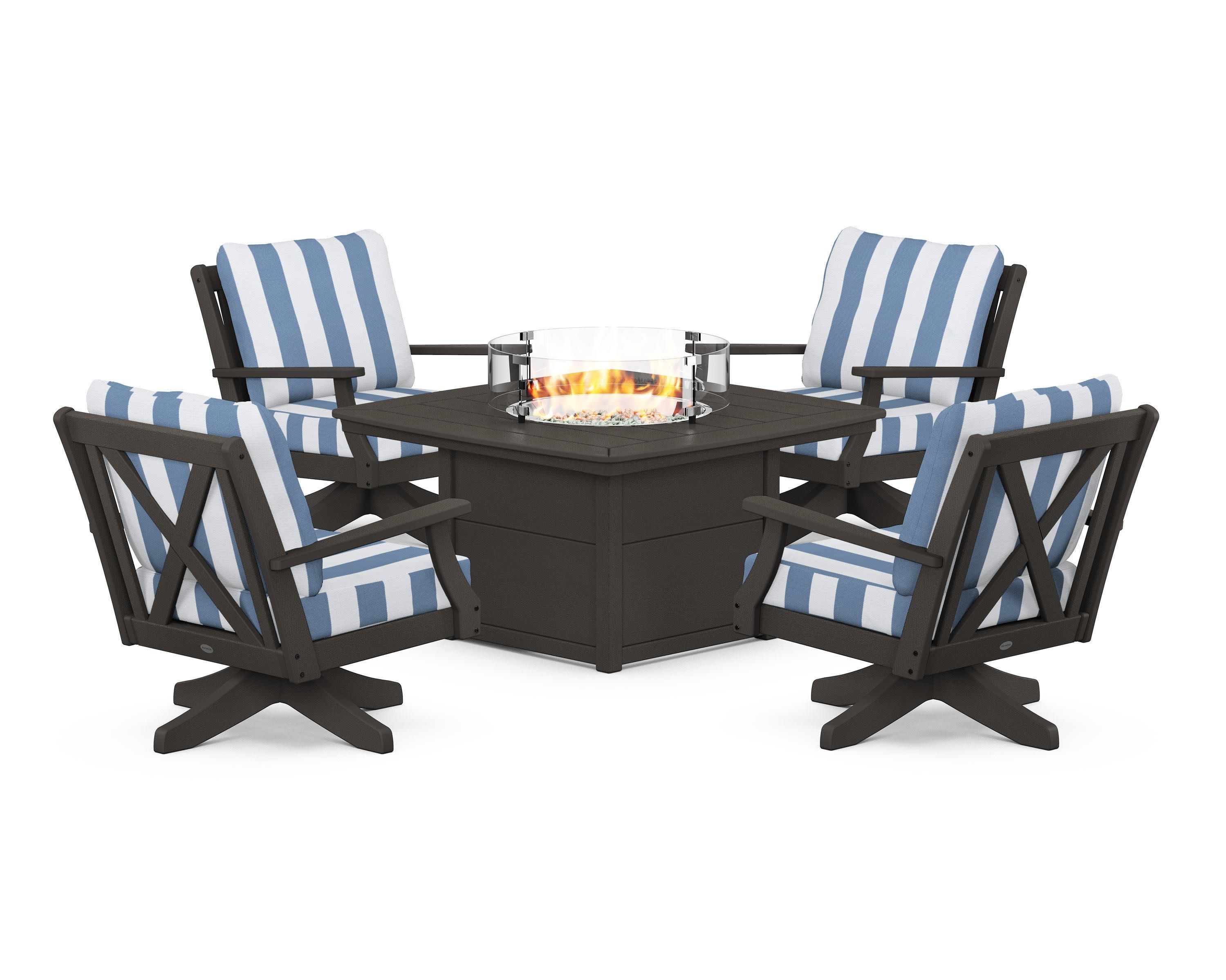 Braxton 5-Piece Deep Seating Swivel Conversation Set with Fire Pit Table in Vintage Coffee / Cabana Stripe Sky Blue