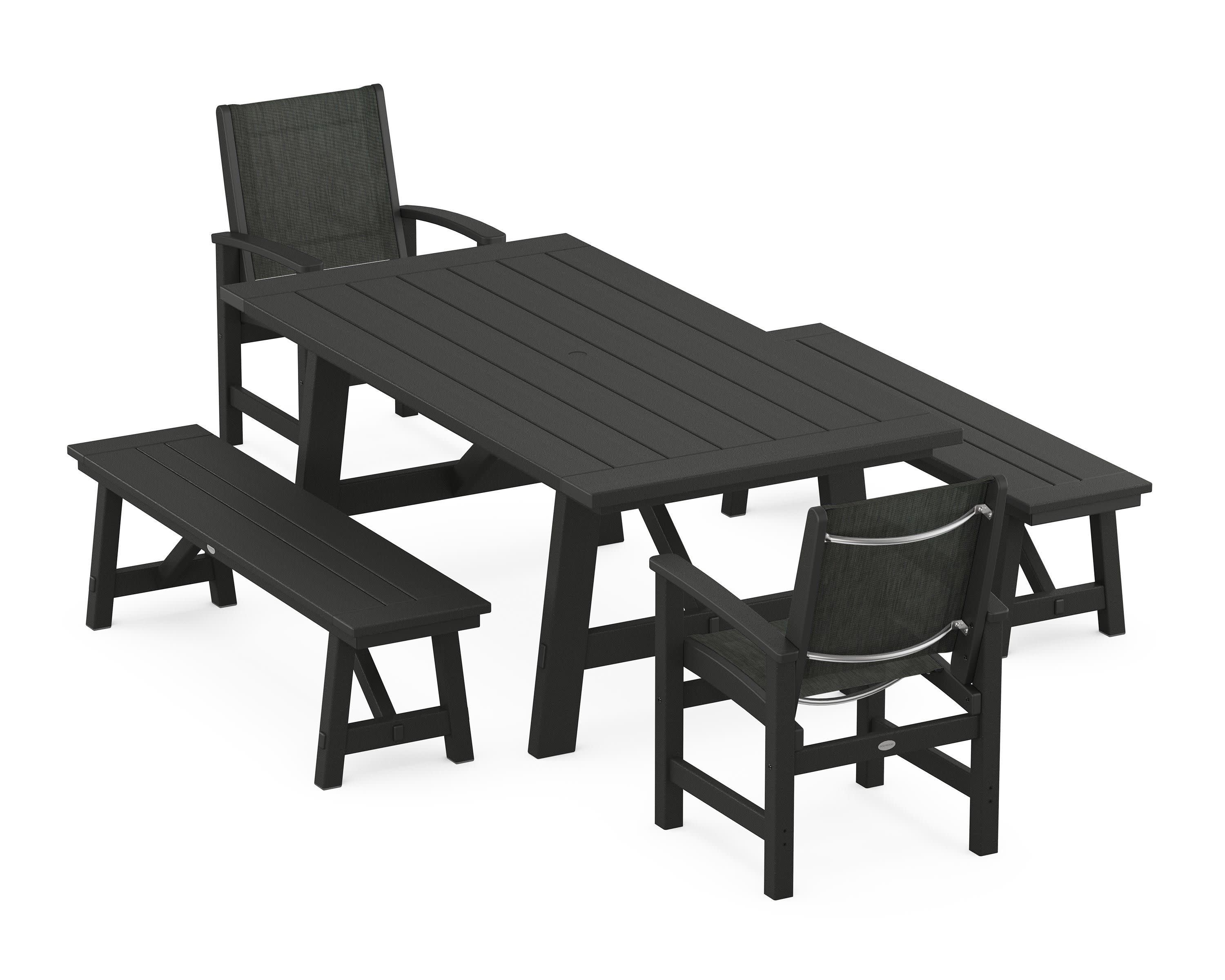 Coastal 5-Piece Rustic Farmhouse Dining Set With Benches in Black / Ember Sling