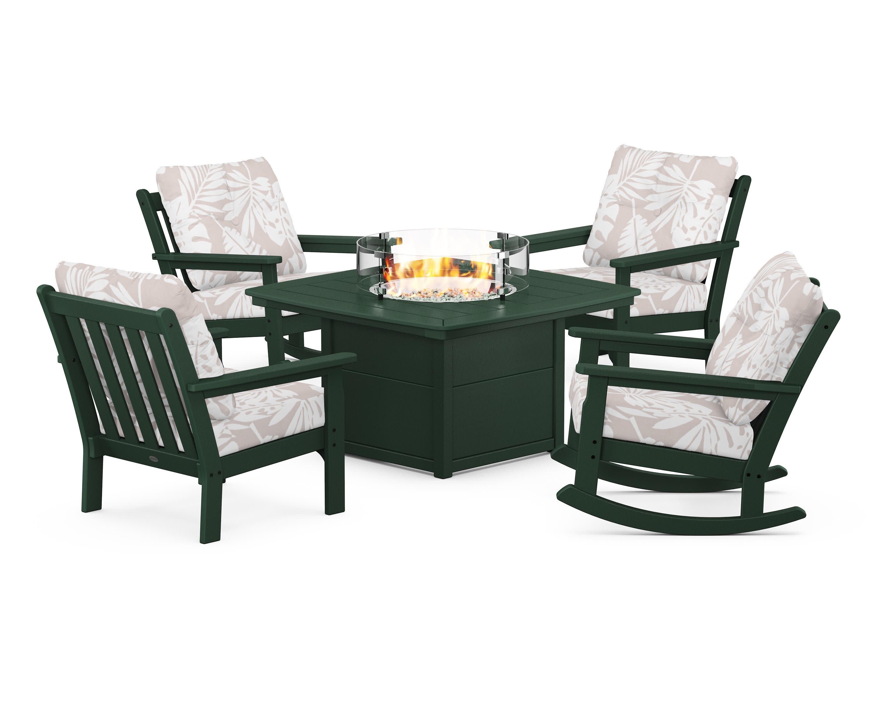 Vineyard 5-Piece Deep Seating Rocking Chair Conversation Set with Fire Pit Table in Green / Leaf Dune Burlap