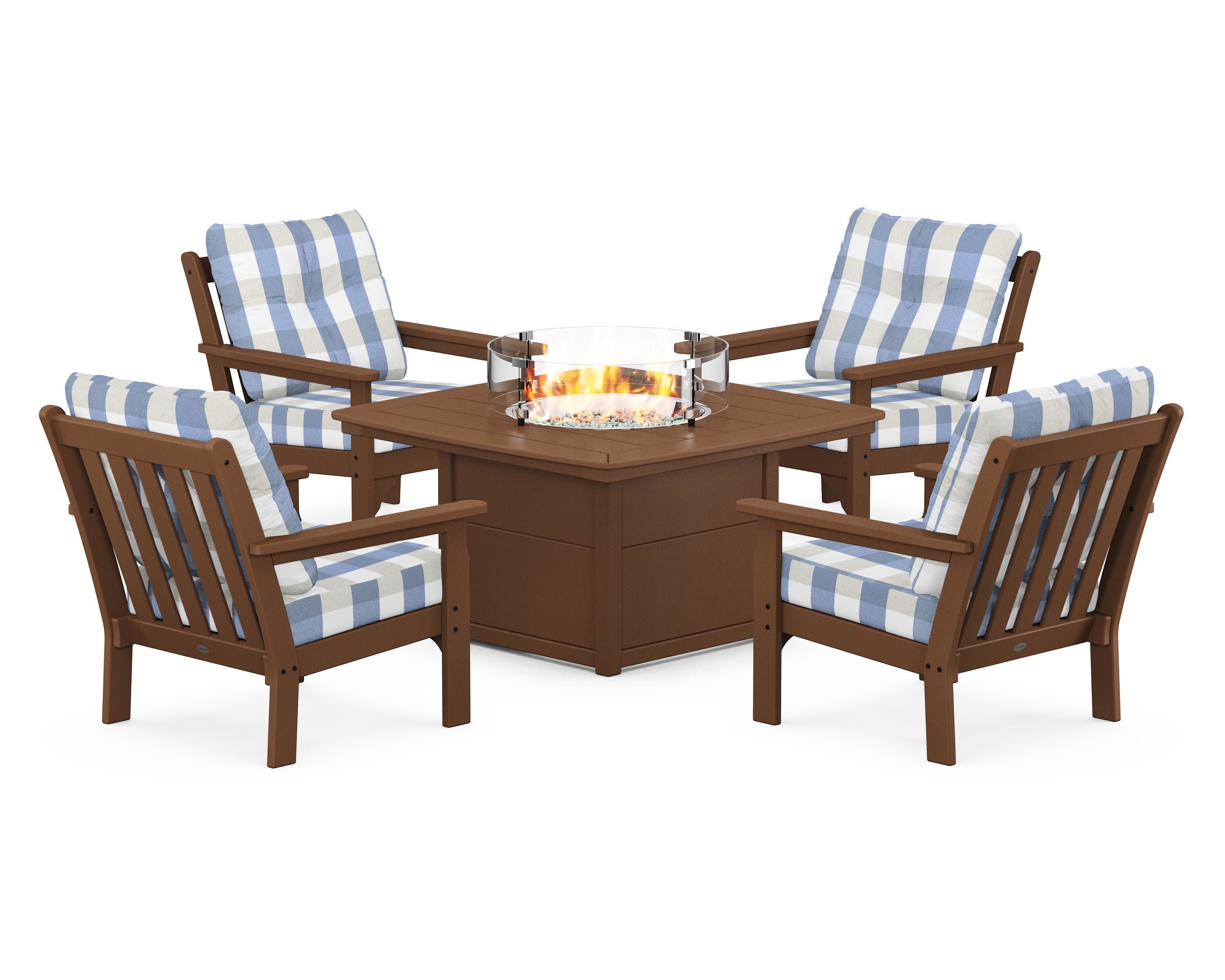 Vineyard 5-Piece Conversation Set with Fire Pit Table in Teak / Buffalo Plaid Sky Blue