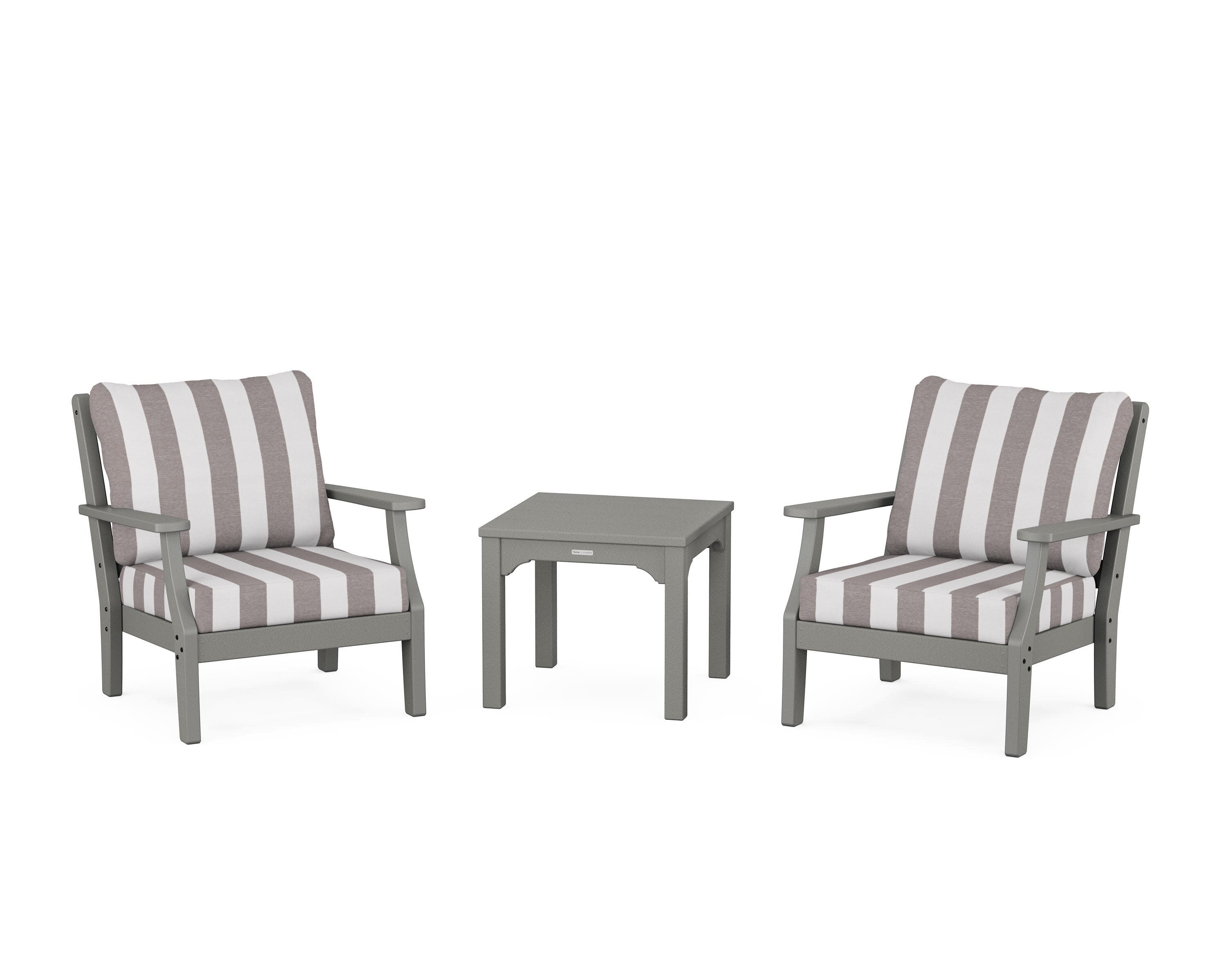 Chinoiserie 3-Piece Deep Seating Set in Slate Grey / Cabana Stripe Grey Mist
