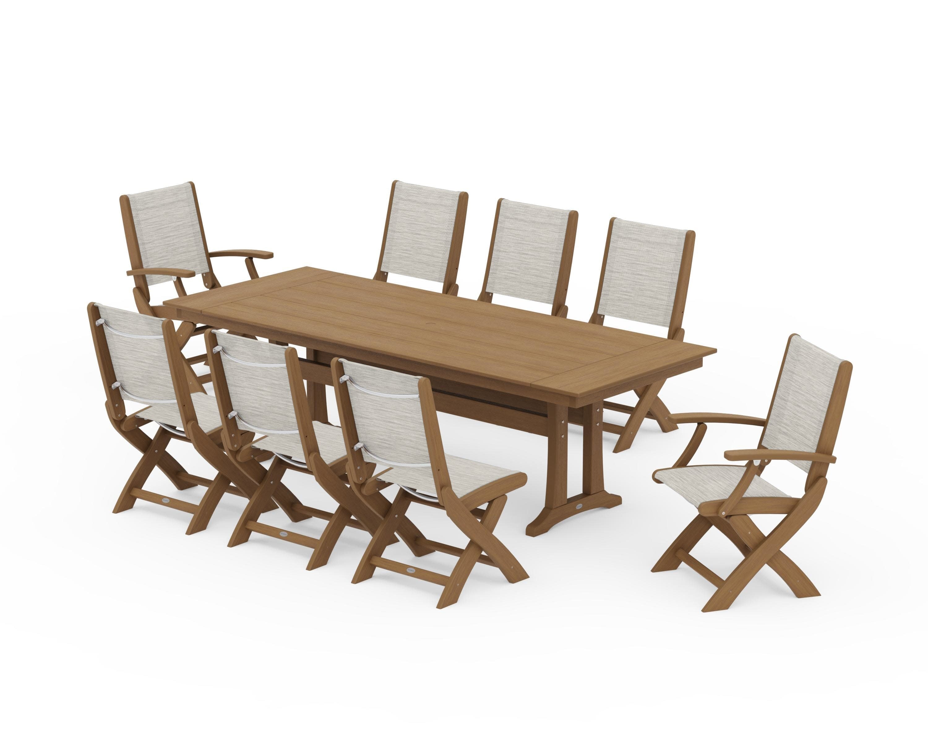 Coastal 9-Piece Folding Dining Chair Farmhouse Dining Set with Trestle Legs in Natural / Birch Sling