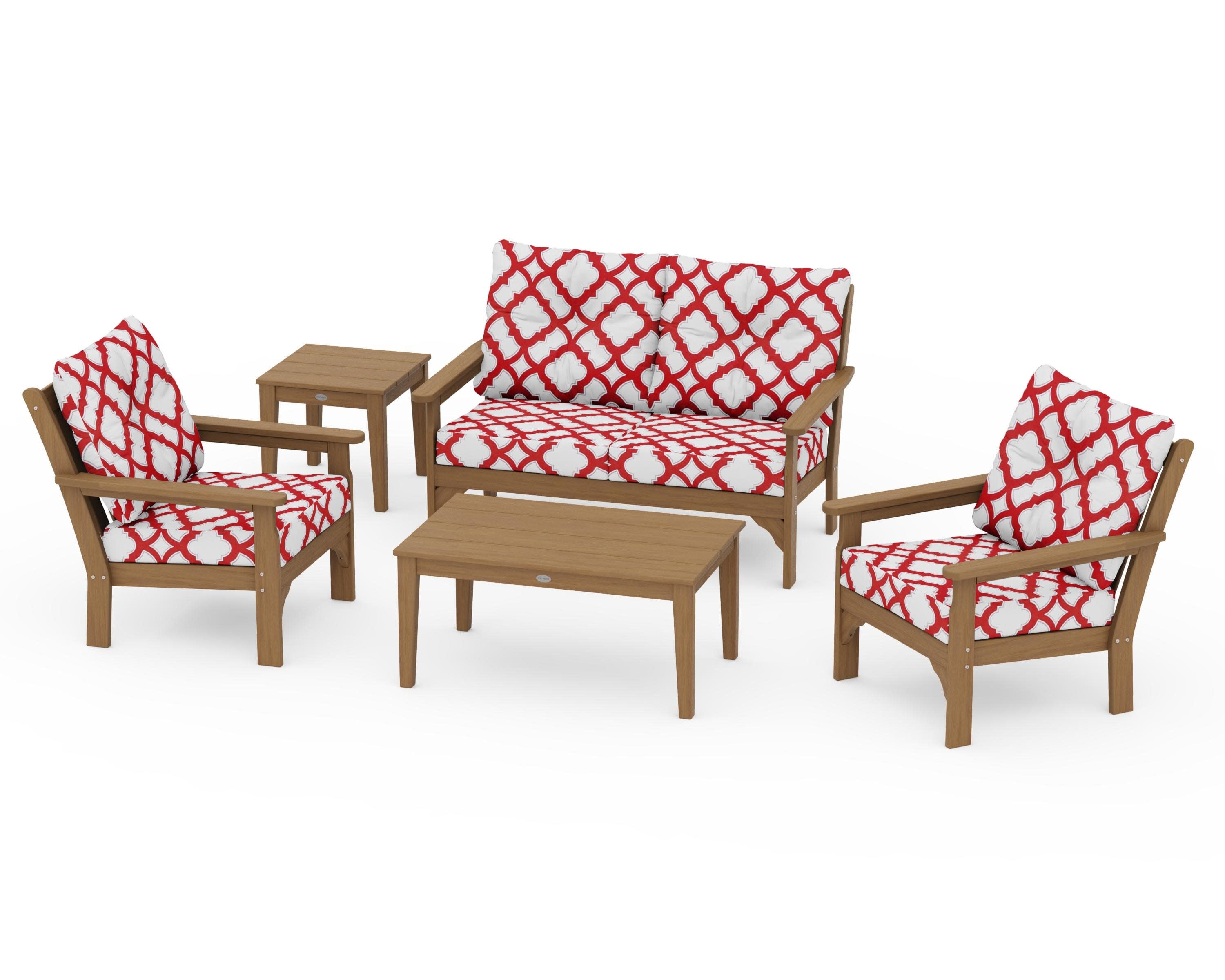 Vineyard 5-Piece Deep Seating Set in Natural / Trellis Crimson