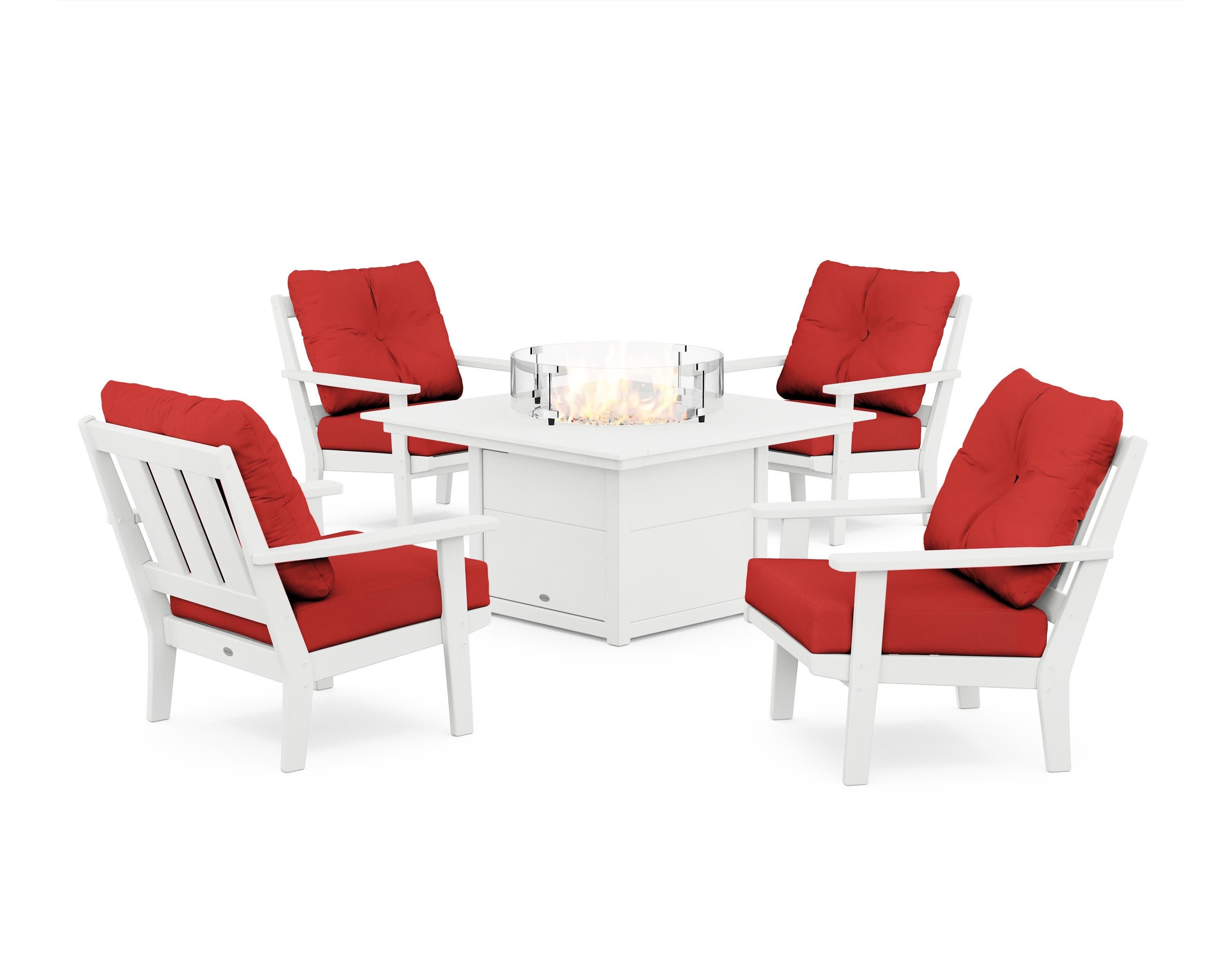 Oxford 5-Piece Deep Seating Set with Fire Pit Table in White / Crimson Linen