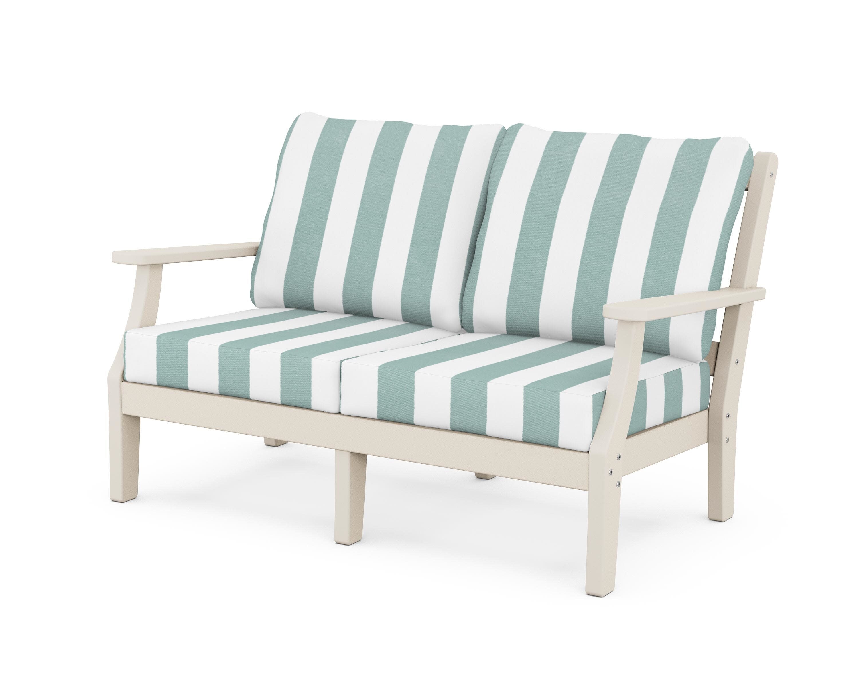 Chinoiserie Deep Seating Loveseat in Sand / Cabana Stripe Glacier Spa