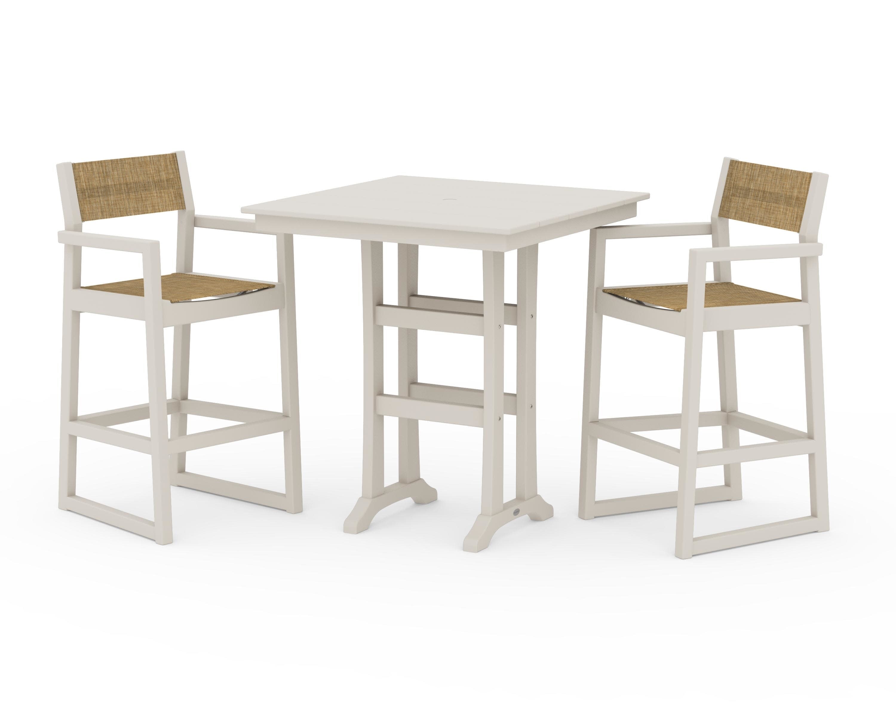 EDGE Sling Arm Chair 3-Piece Farmhouse Bar Set with Trestle Legs in Sand / Burlap Sling