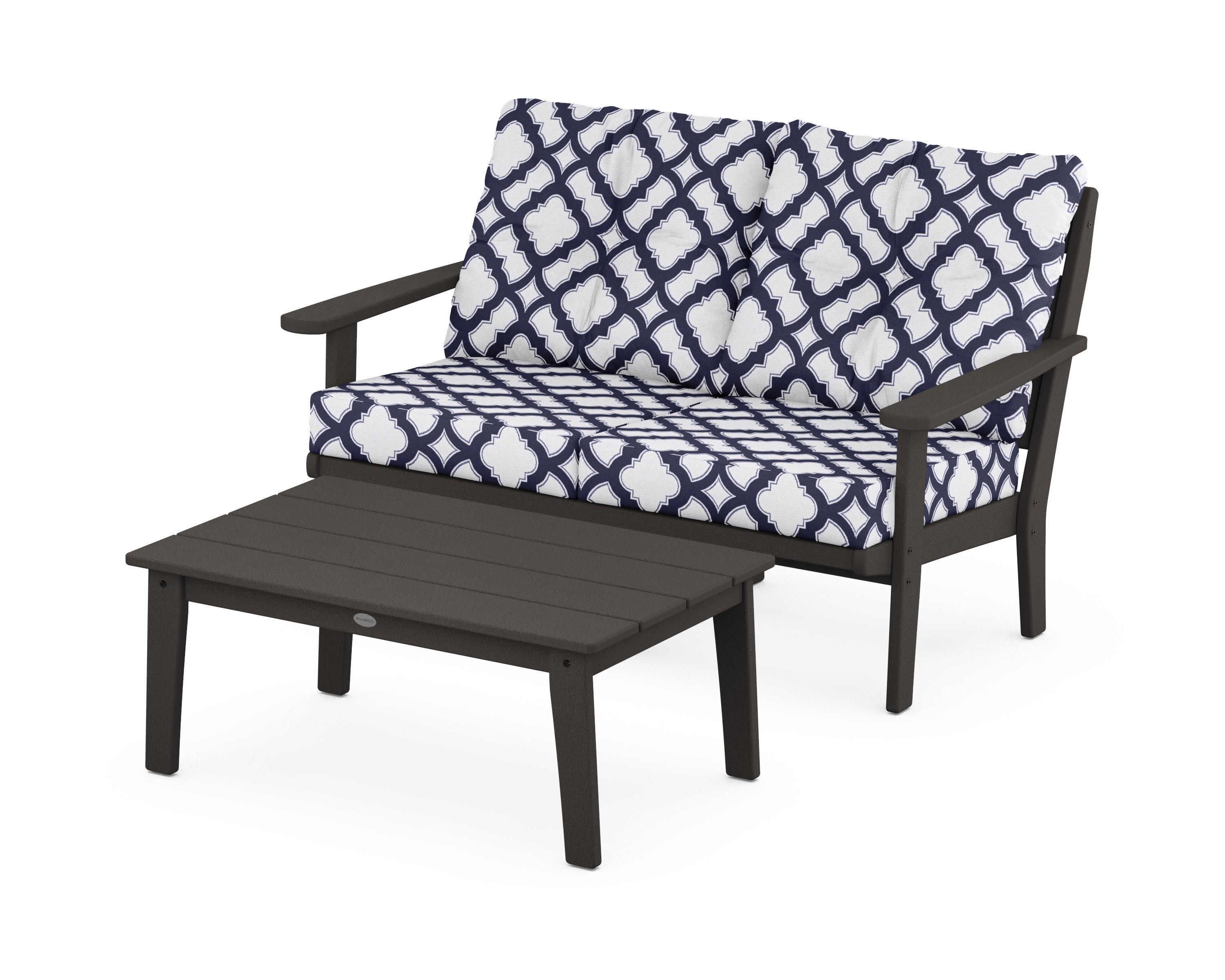 Lakeside 2-Piece Lounge Loveseat Set in Vintage Coffee / Trellis Navy