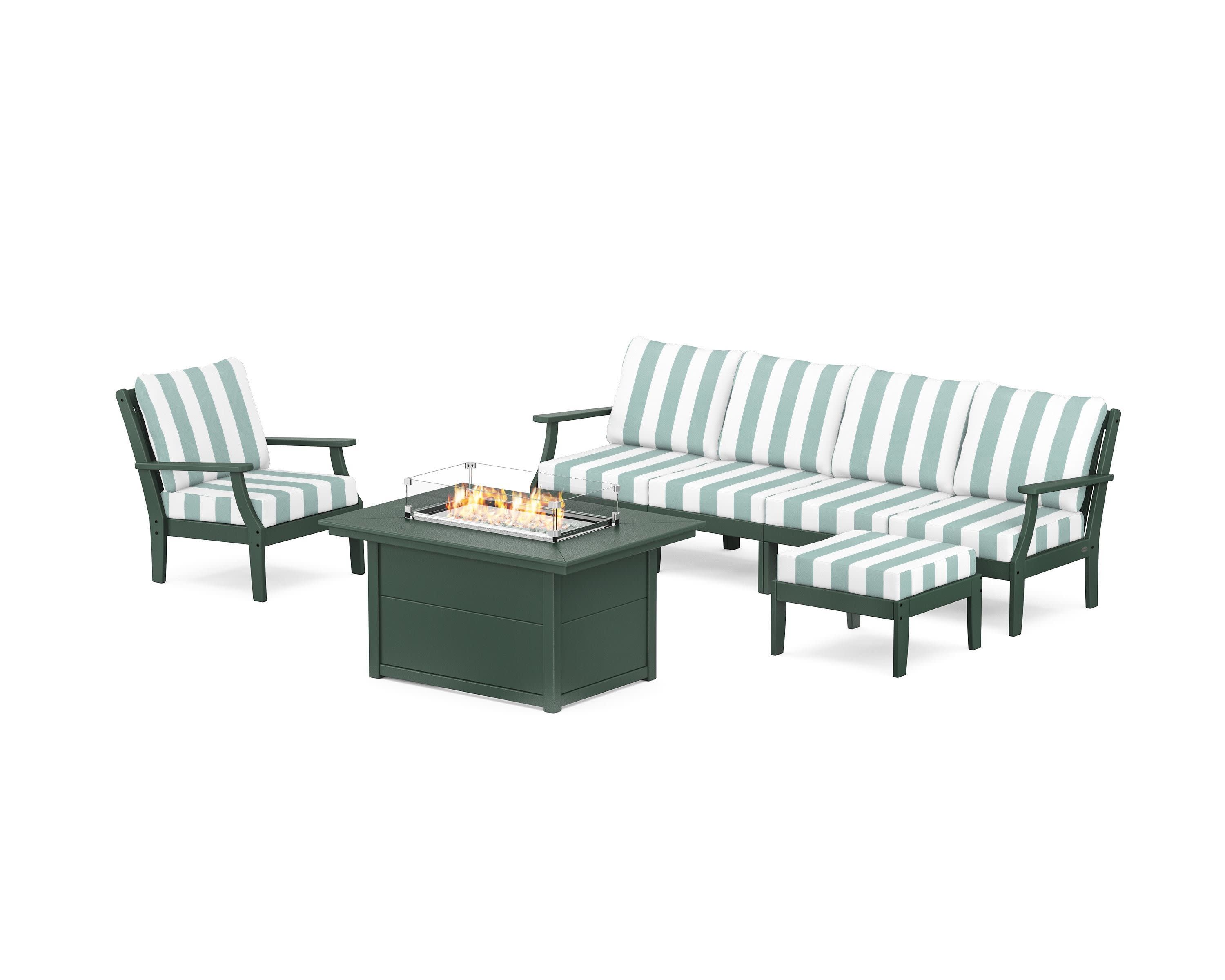 Braxton Sectional Lounge and Fire Pit Set in Green / Cabana Stripe Glacier Spa