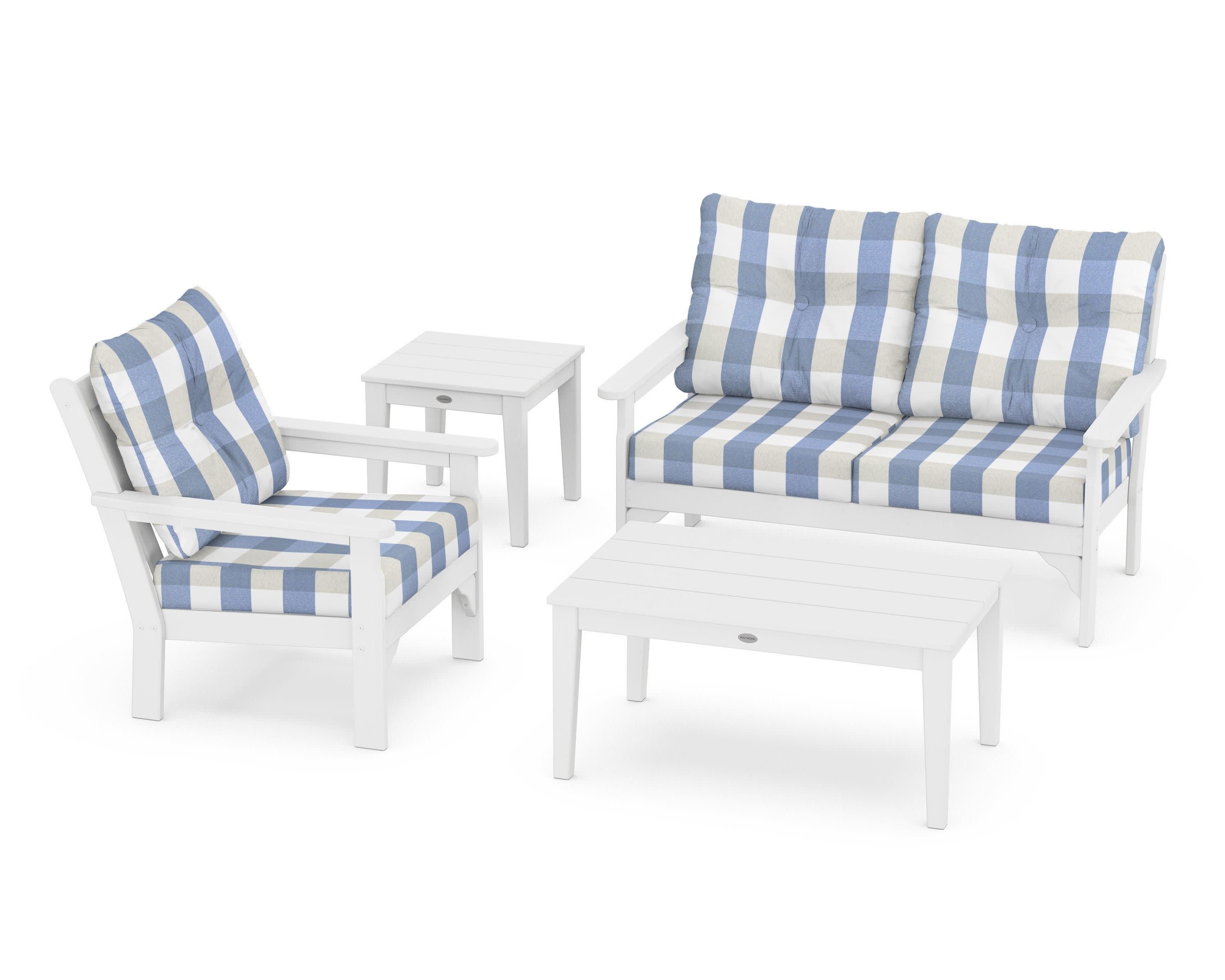 Vineyard 4-Piece Deep Seating Set in White / Buffalo Plaid Sky Blue