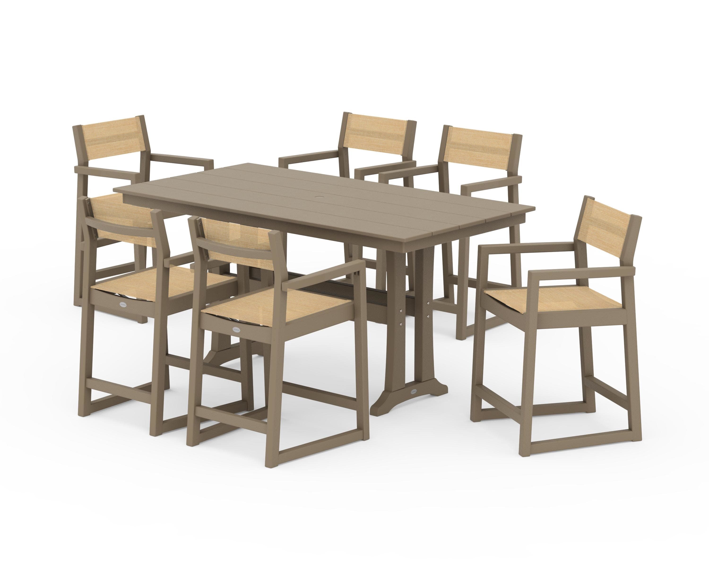 EDGE Sling Arm Chair 7-Piece Farmhouse Counter Set with Trestle Legs in Vintage Sahara / Dupioni Apricot Sling
