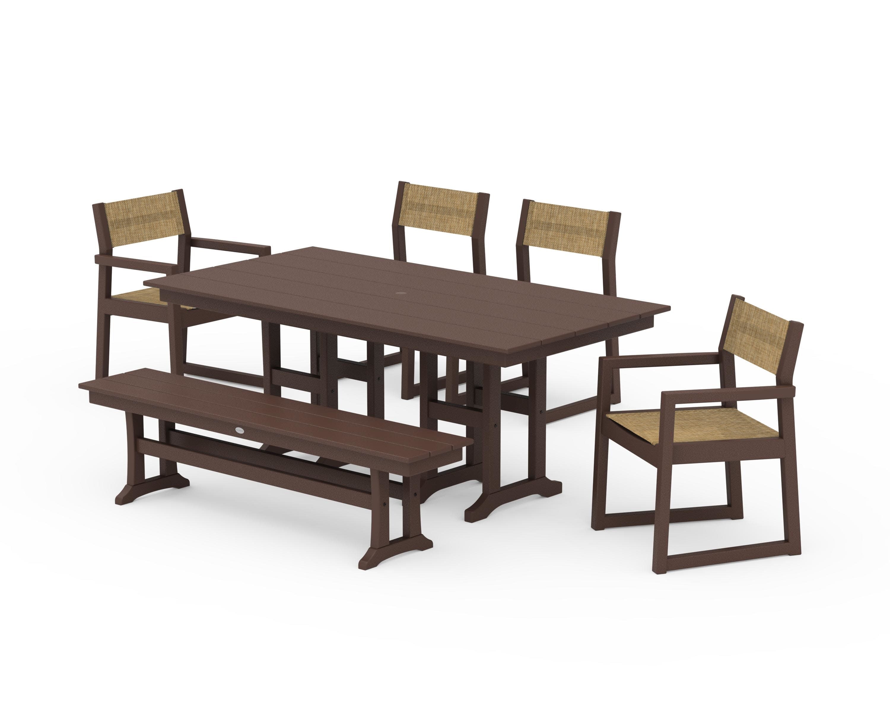 EDGE Sling 6-Piece Farmhouse Dining Set in Mahogany / Burlap Sling