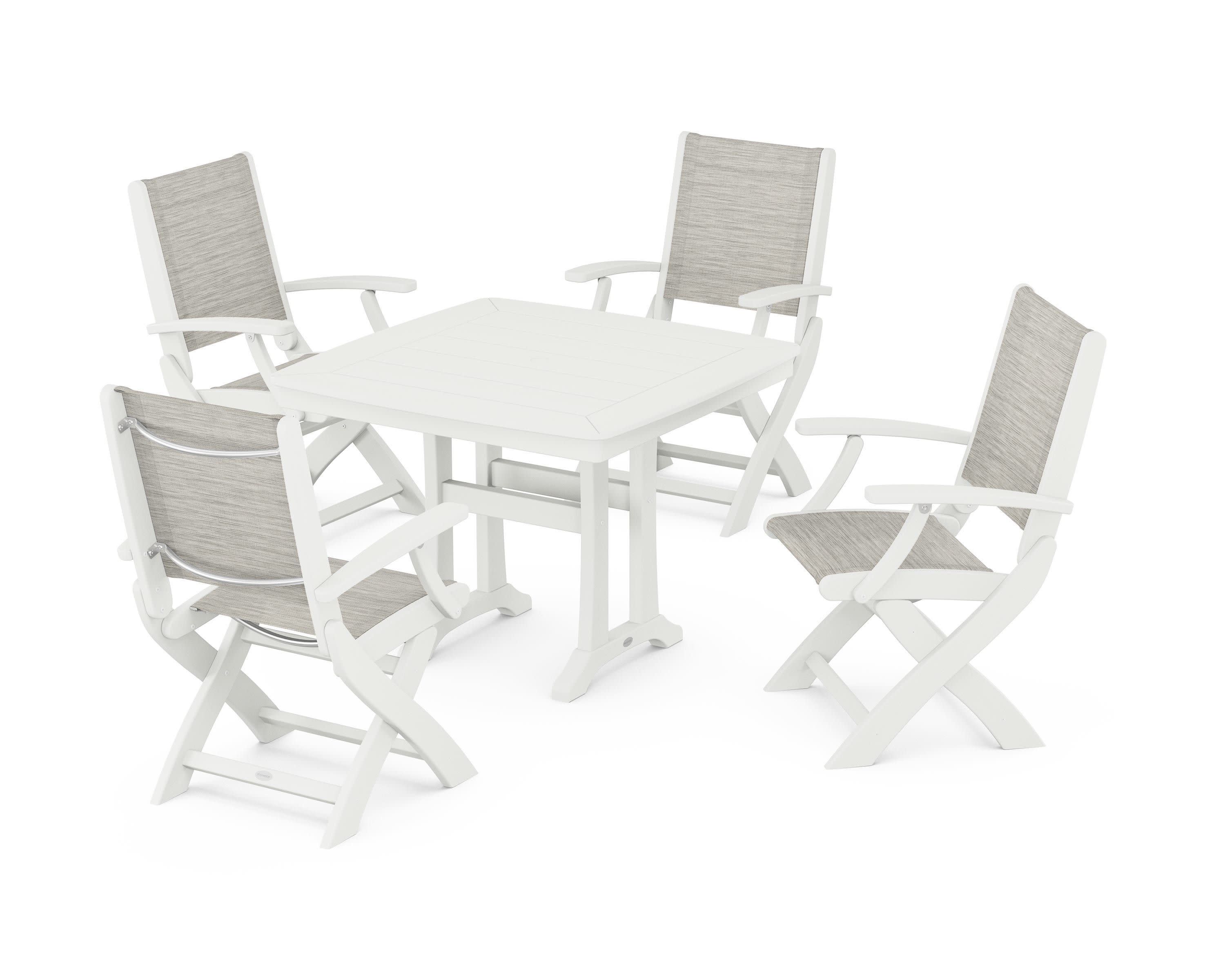 Coastal Folding Chair 5-Piece Dining Set with Trestle Legs in Vintage White / Birch Sling