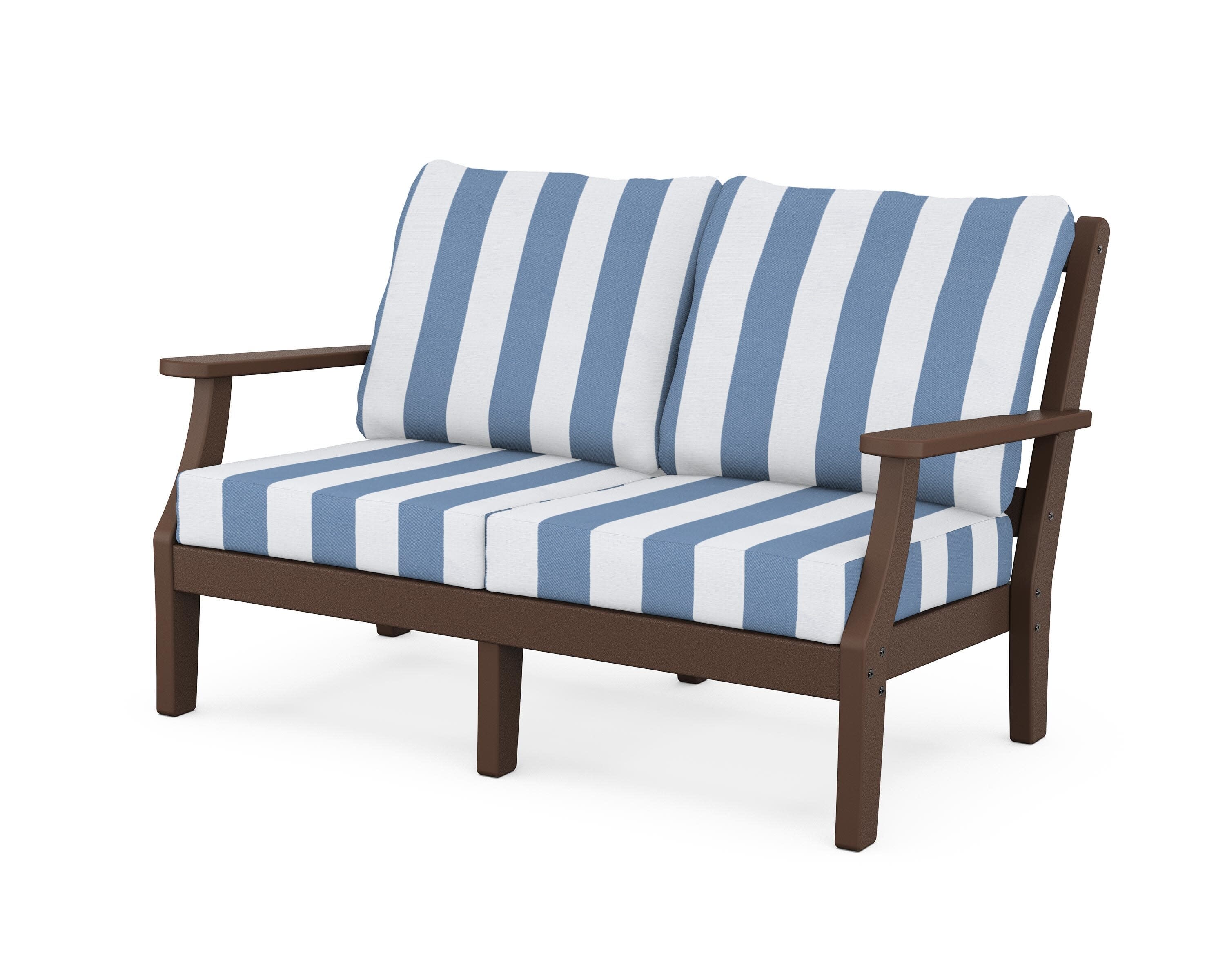 Chinoiserie Deep Seating Loveseat in Mahogany / Cabana Stripe Sky Blue