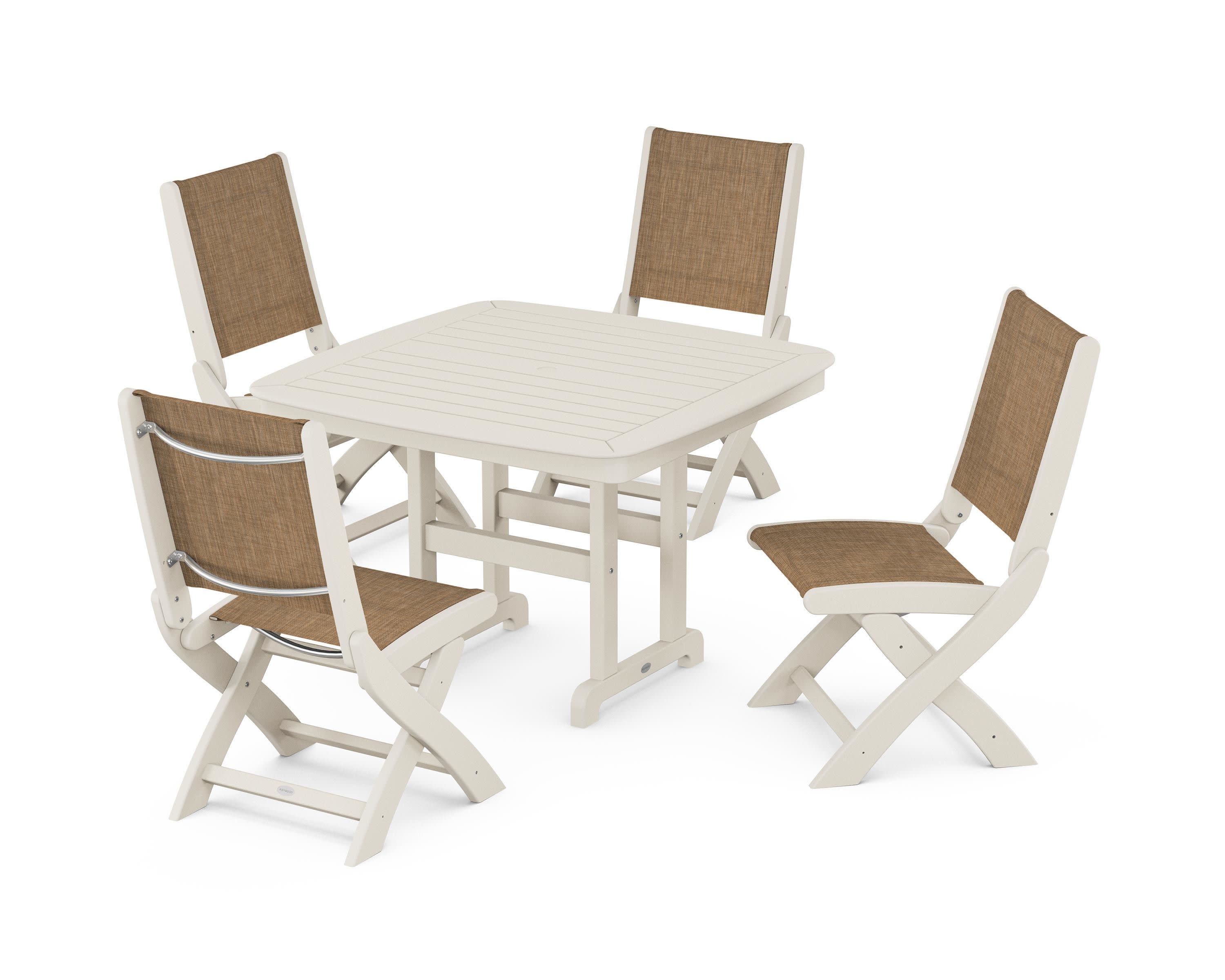 Coastal Folding Side Chair 5-Piece Dining Set in Sand / Burlap Sling