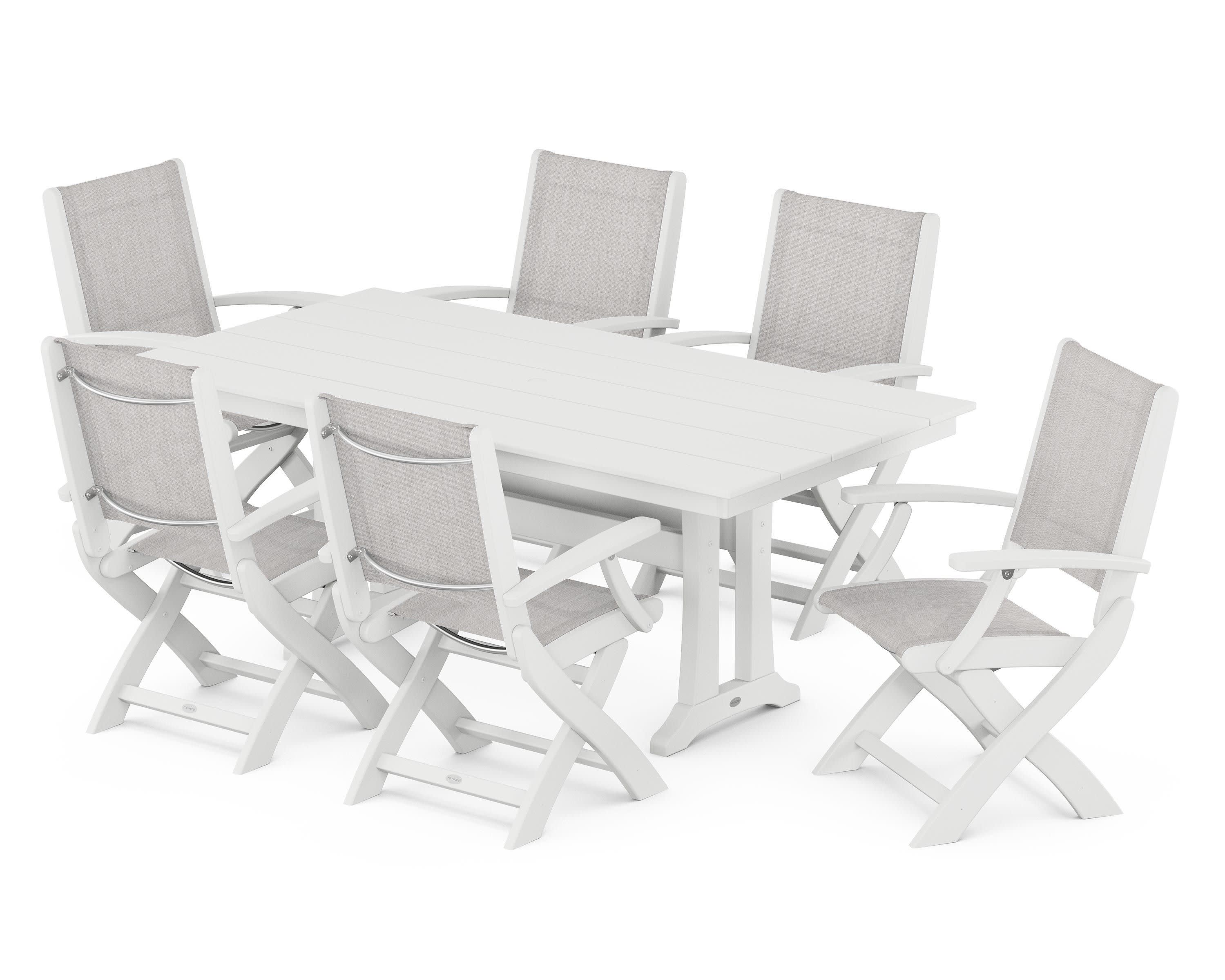 Coastal Folding Arm Chair 7-Piece Farmhouse Dining Set with Trestle Legs in White / Parchment Sling
