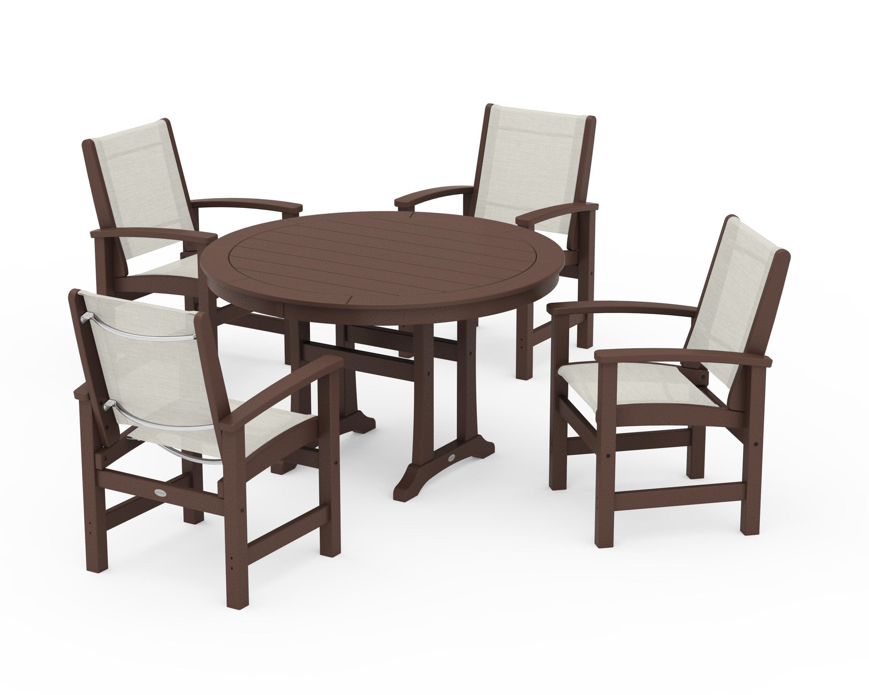Coastal 5-Piece Round Dining Set with Trestle Legs in Mahogany / Parchment Sling