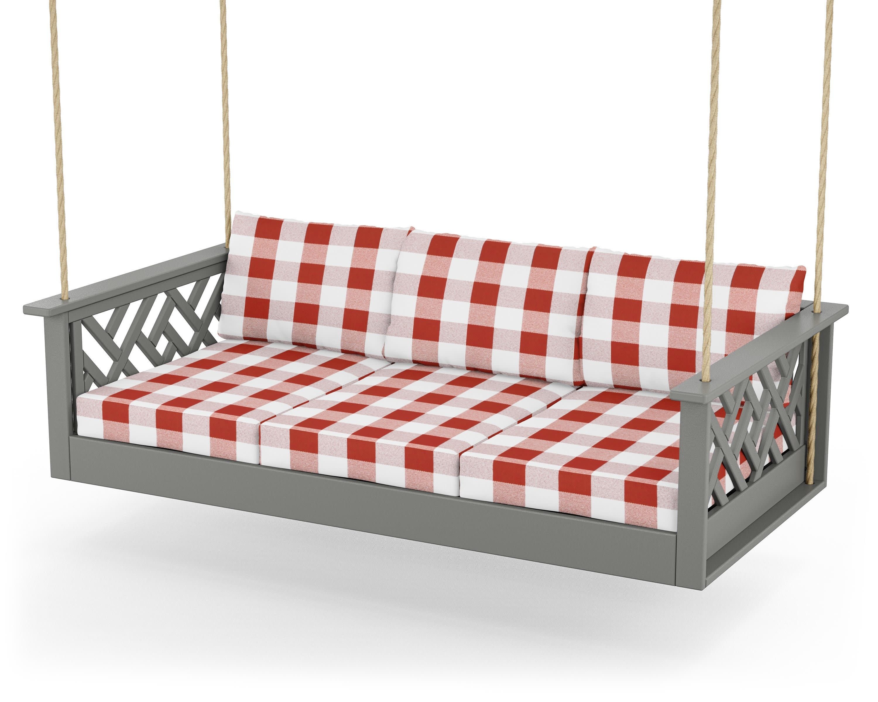 Chippendale Daybed Swing in Slate Grey / Buffalo Plaid Crimson