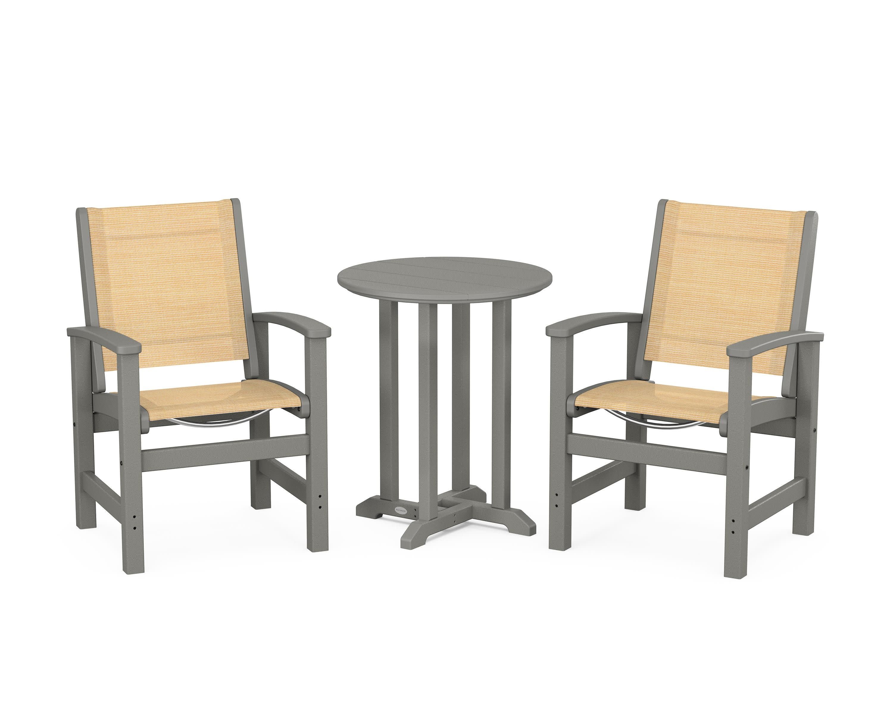 Coastal 3-Piece Round Bistro Dining Set in Slate Grey / Dupioni Apricot Sling