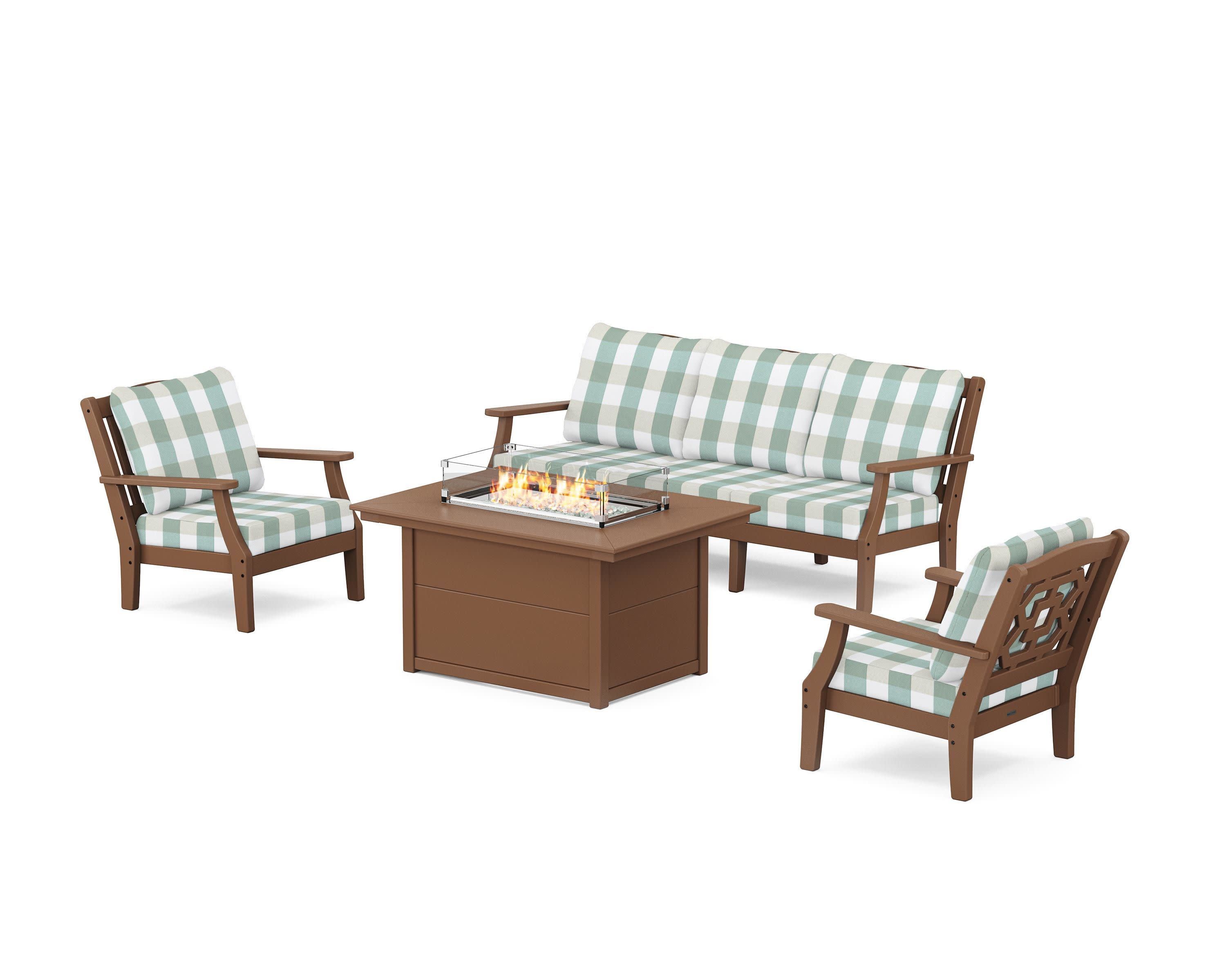 Chinoiserie Deep Seating Fire Pit Table Set in Teak / Buffalo Plaid Glacier Spa