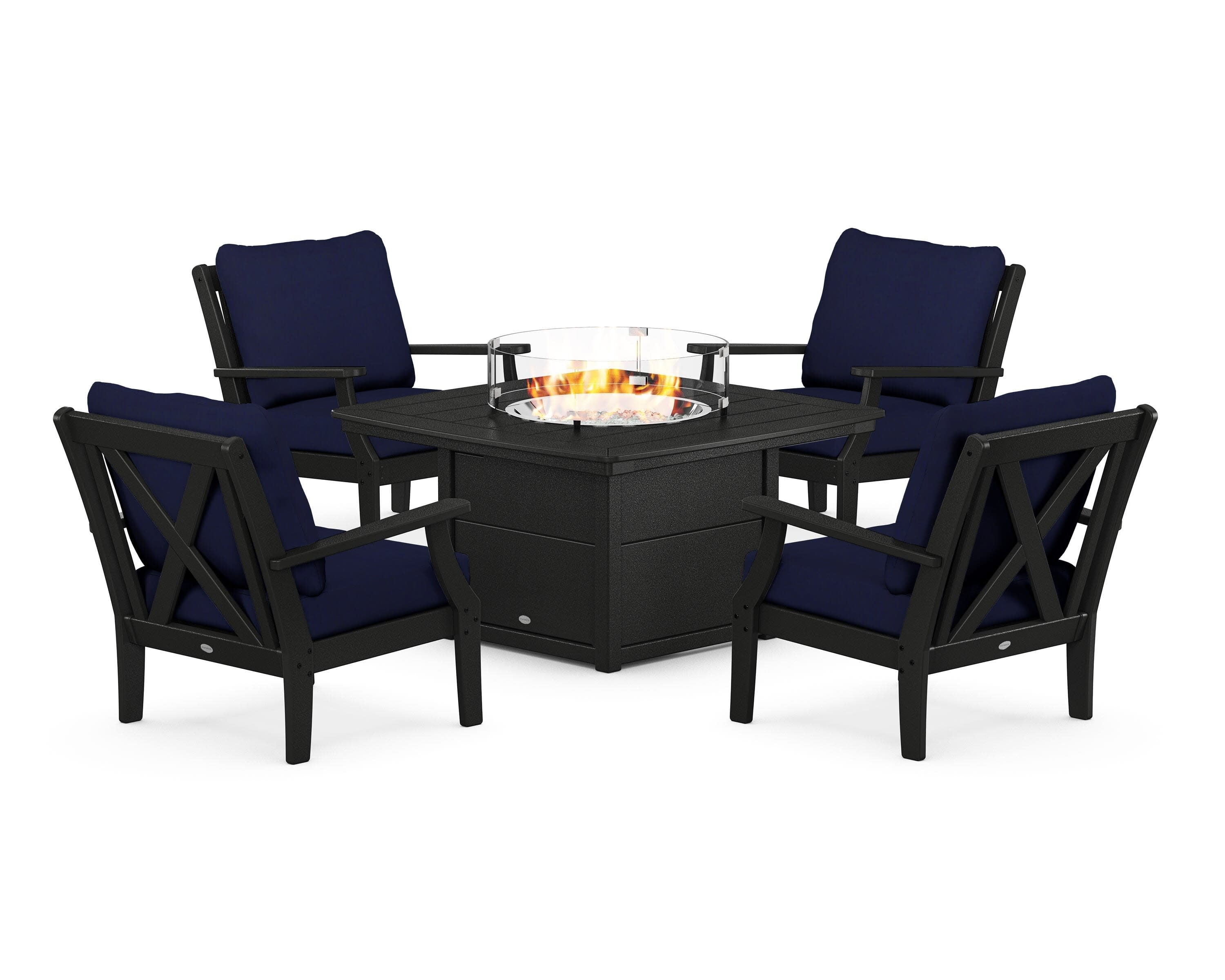 Braxton 5-Piece Deep Seating Conversation Set with Fire Pit Table in Black / Navy