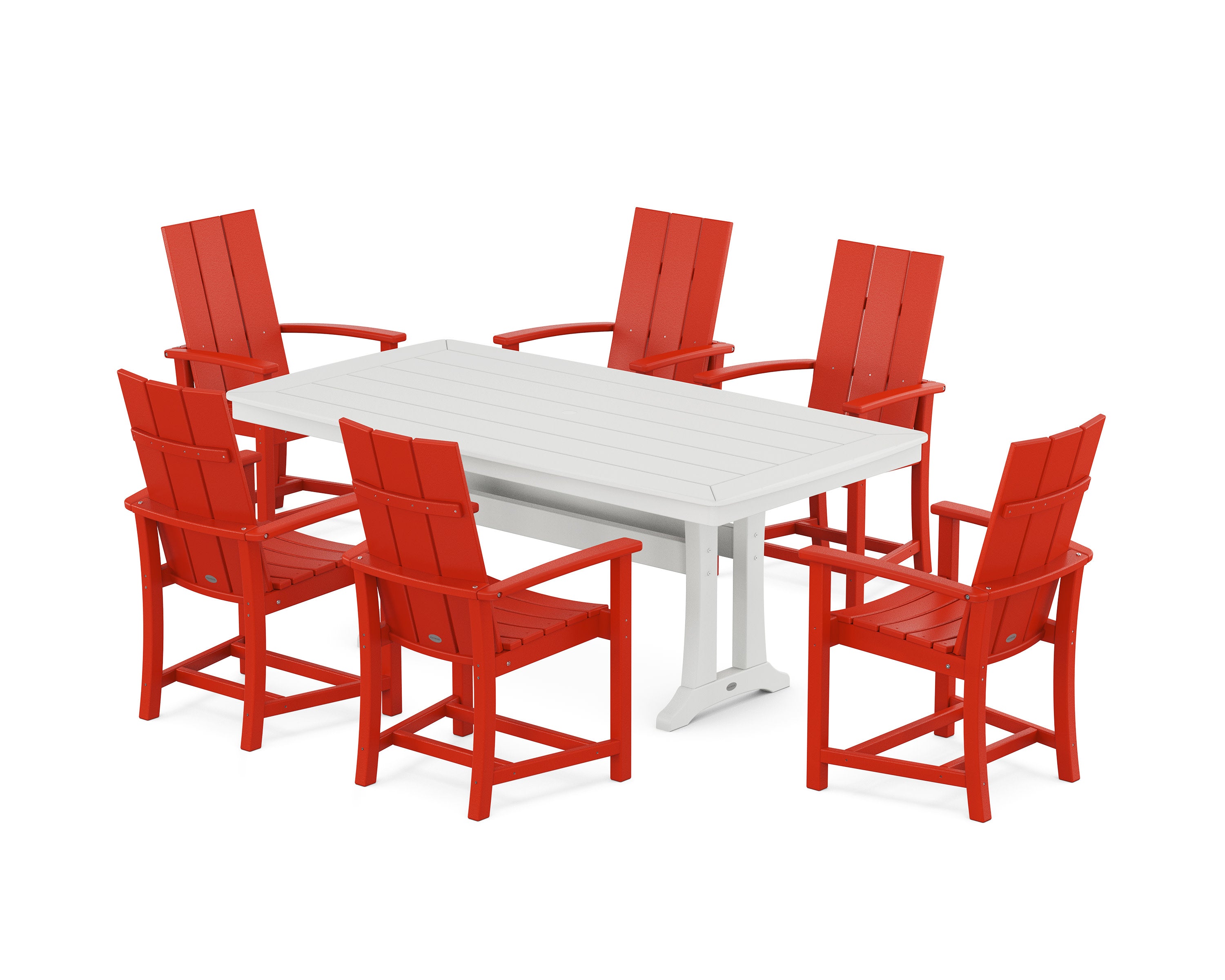Modern Adirondack 7-Piece Dining Set with Trestle Legs in Sunset Red / White