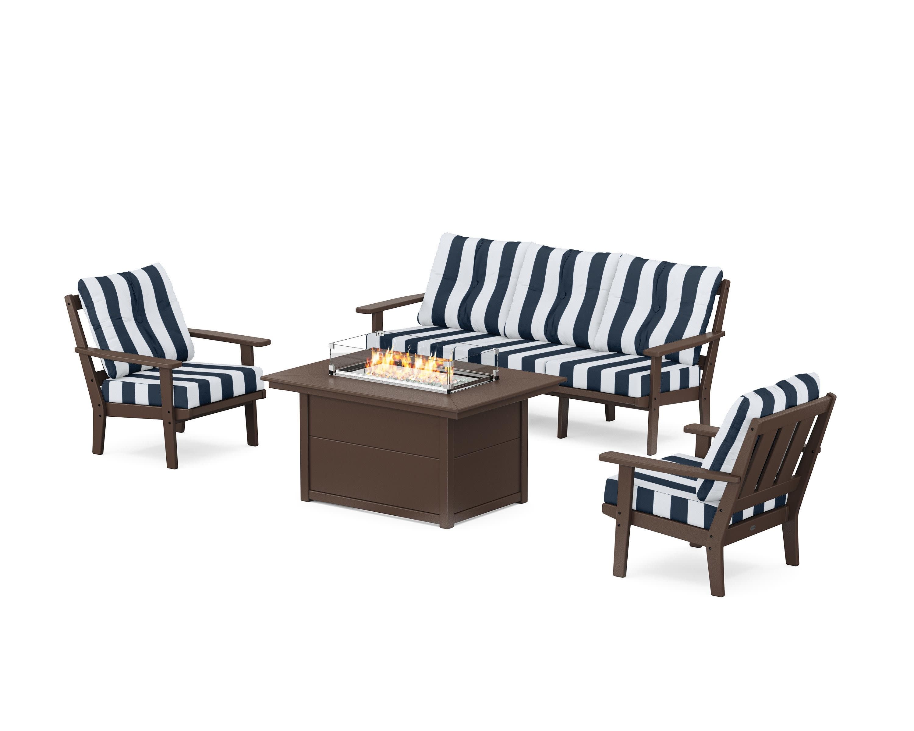 Oxford Deep Seating Fire Pit Table Set in Mahogany / Cabana Stripe Marine Indigo