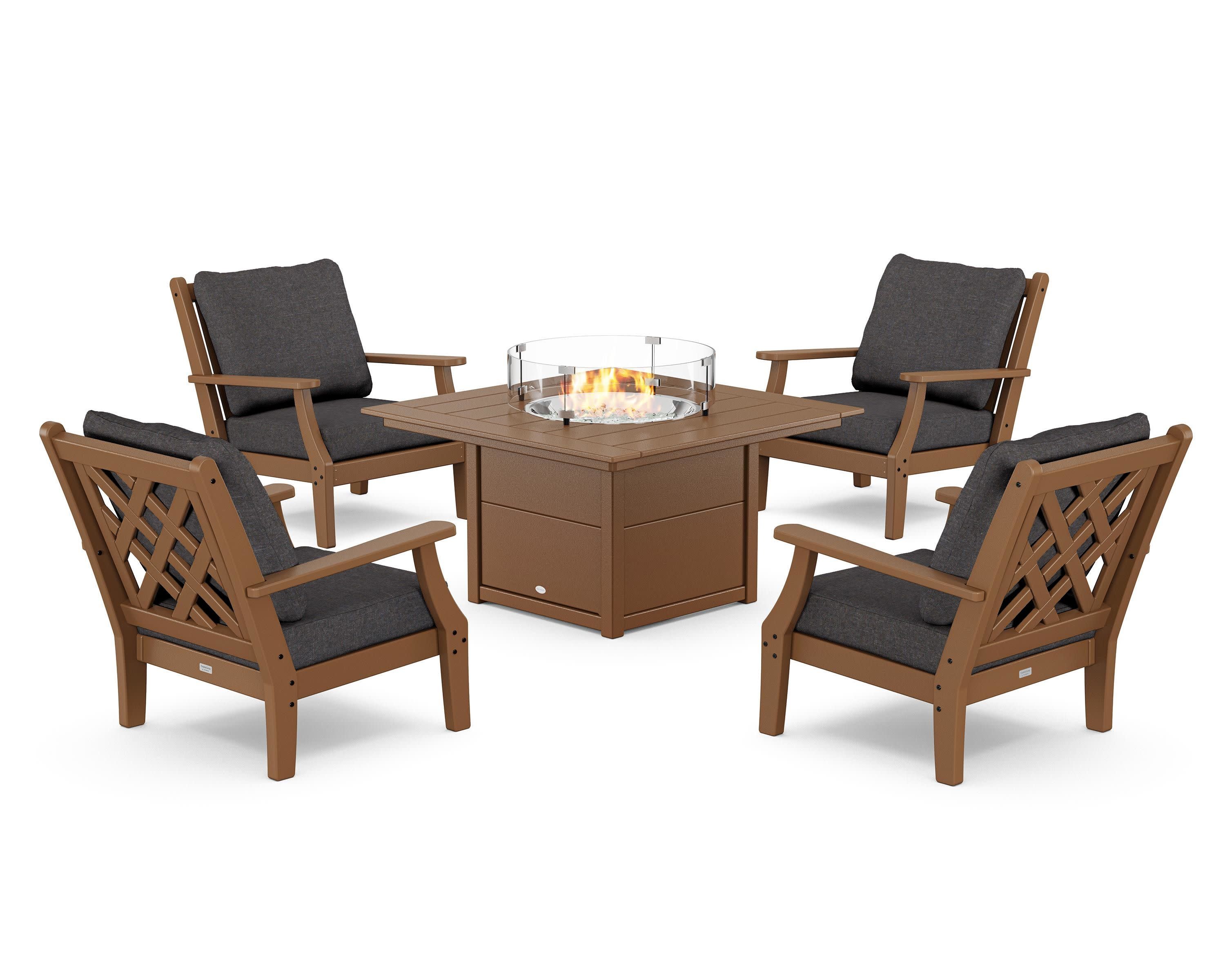 Wovendale 5-Piece Deep Seating Set with Fire Pit Table in Teak / Ash Charcoal