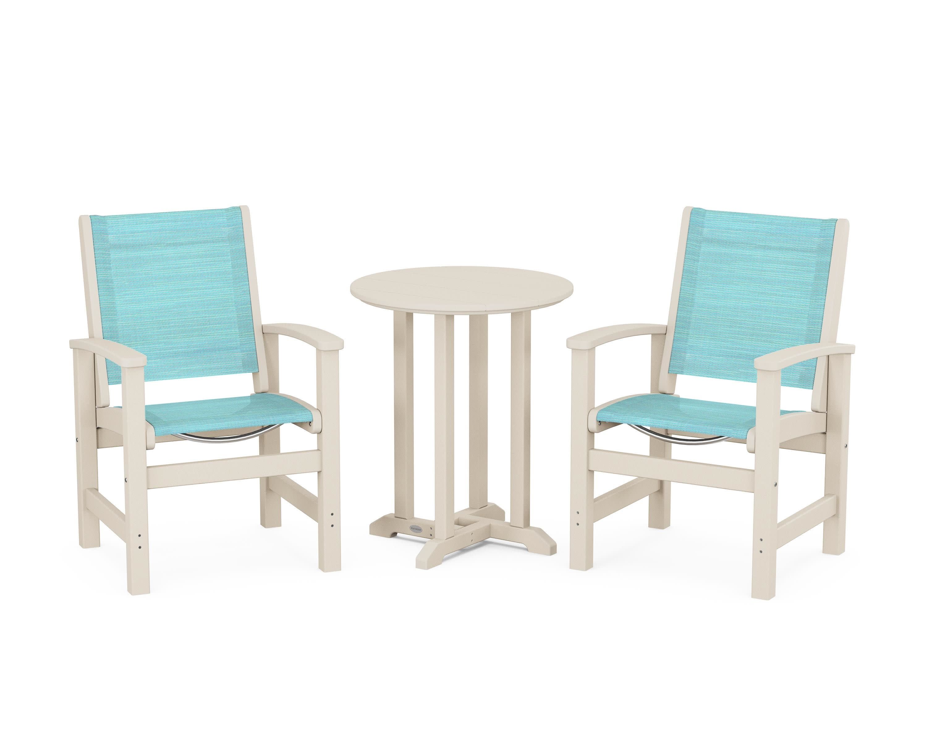 Coastal 3-Piece Round Bistro Dining Set in Sand / Dupioni Aquamarine Sling