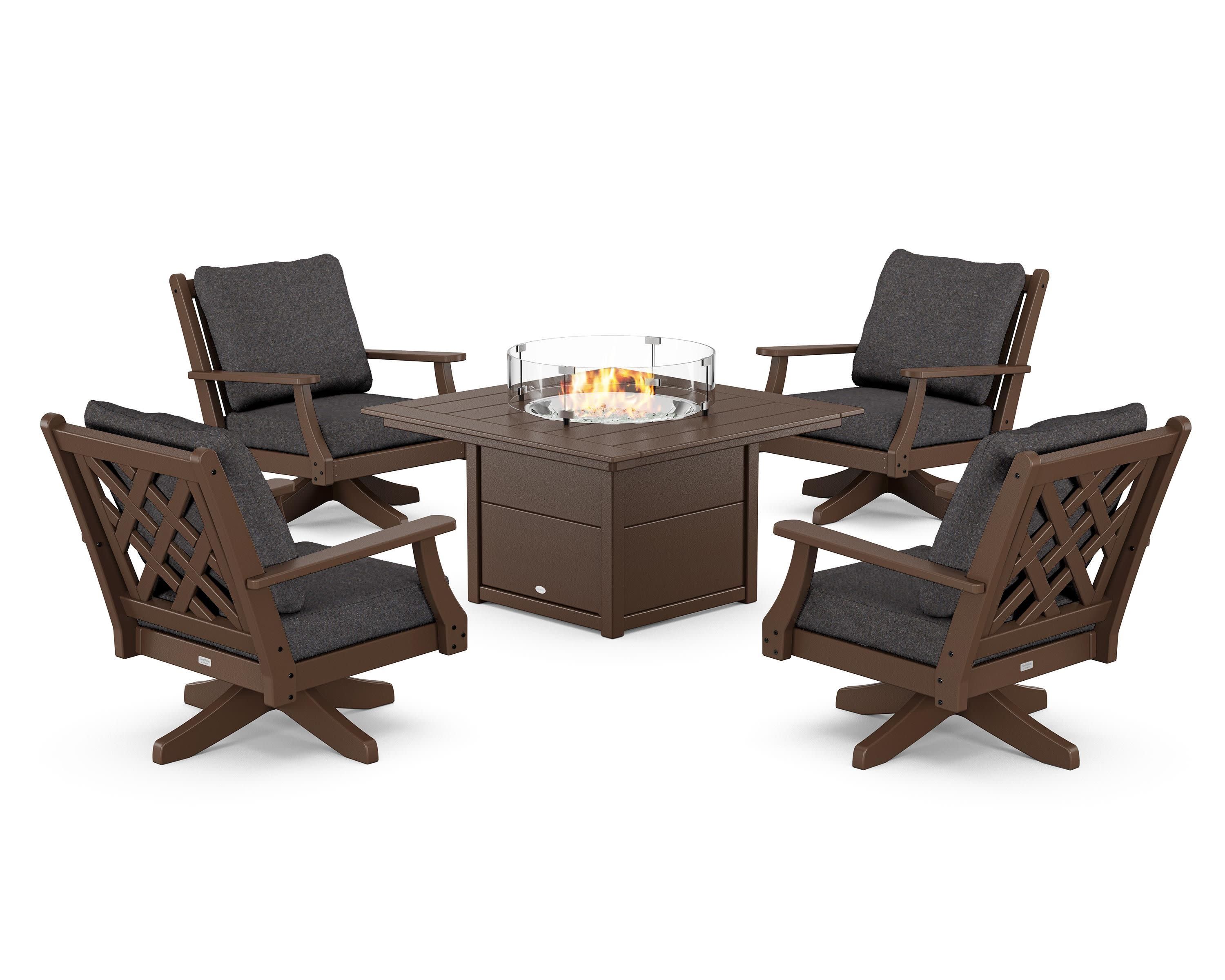 Wovendale 5-Piece Deep Seating Swivel Conversation Set with Fire Pit Table in Mahogany / Ash Charcoal