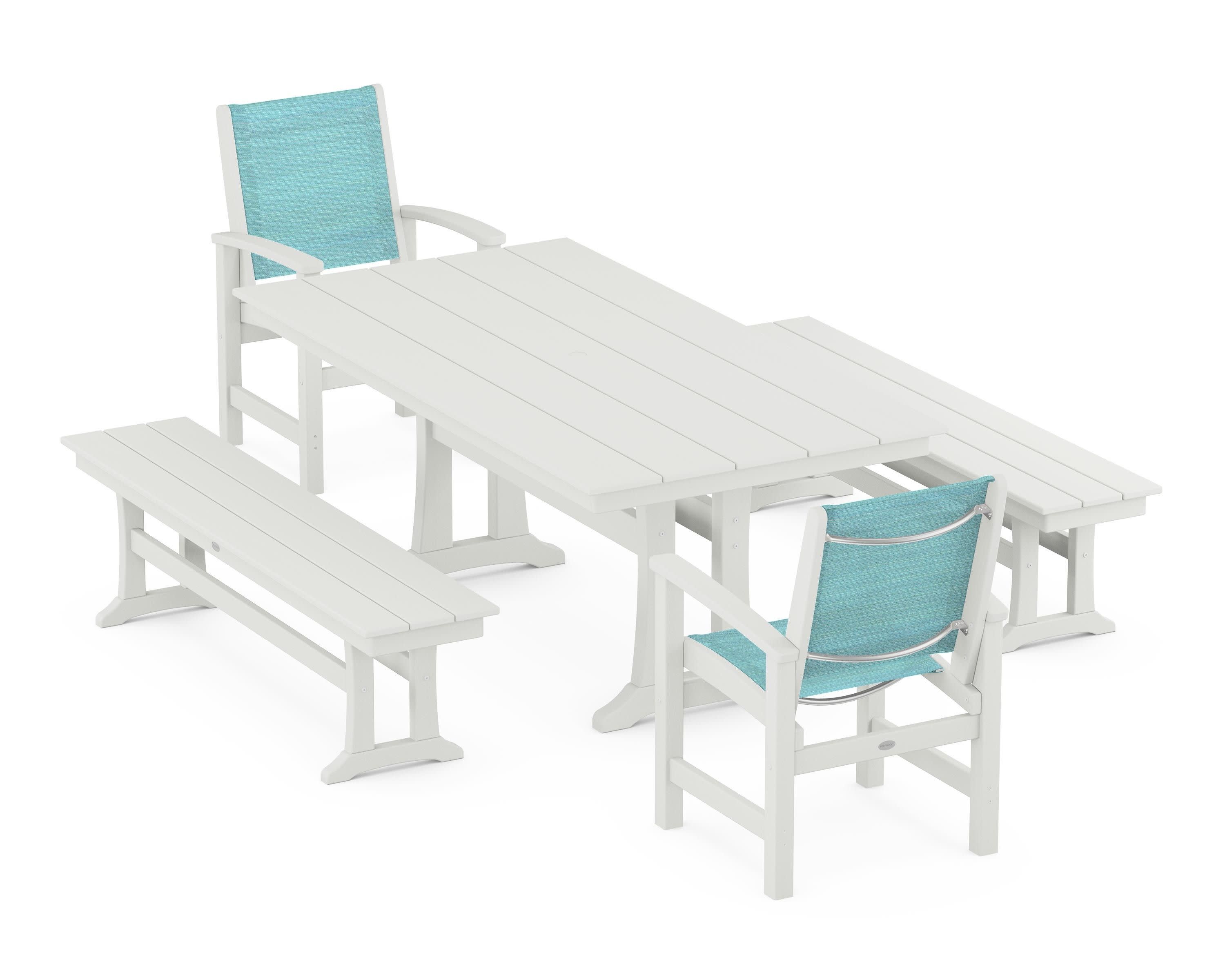 Coastal 5-Piece Farmhouse Dining Set with Trestle Legs and Benches in Vintage White / Dupioni Aquamarine Sling