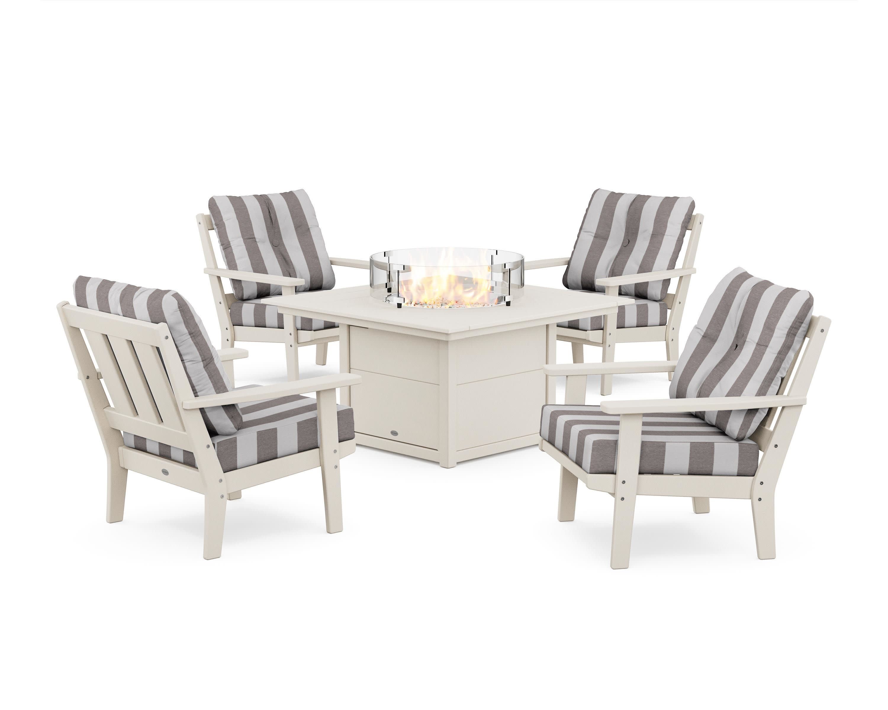 Oxford 5-Piece Deep Seating Set with Fire Pit Table in Sand / Cabana Stripe Grey Mist
