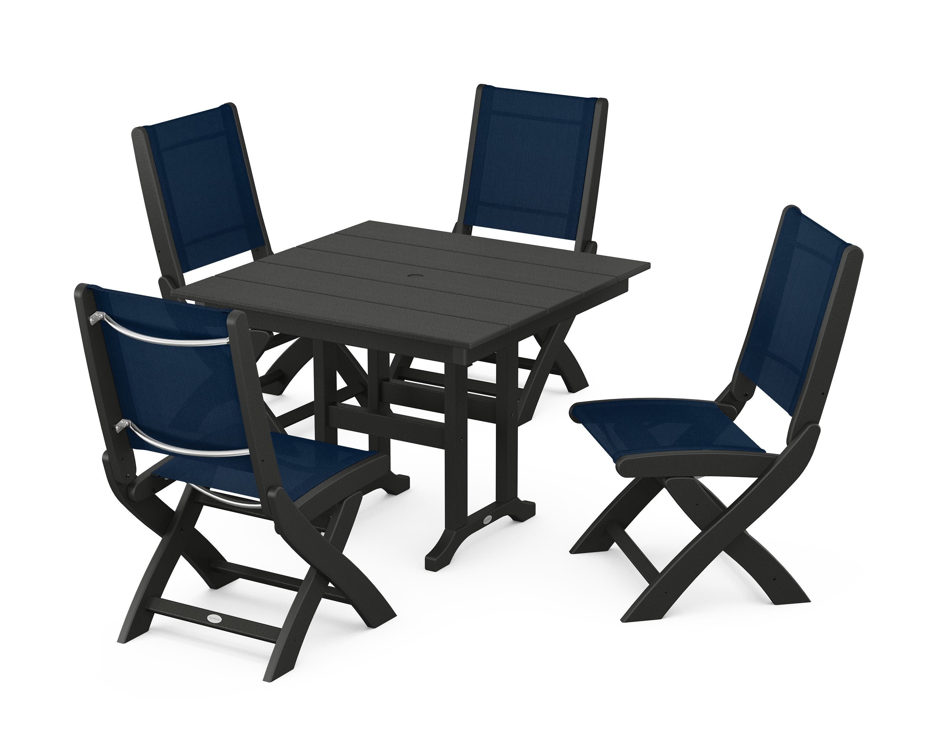 Coastal Folding Side Chair 5-Piece Farmhouse Dining Set in Black / Navy Blue Sling