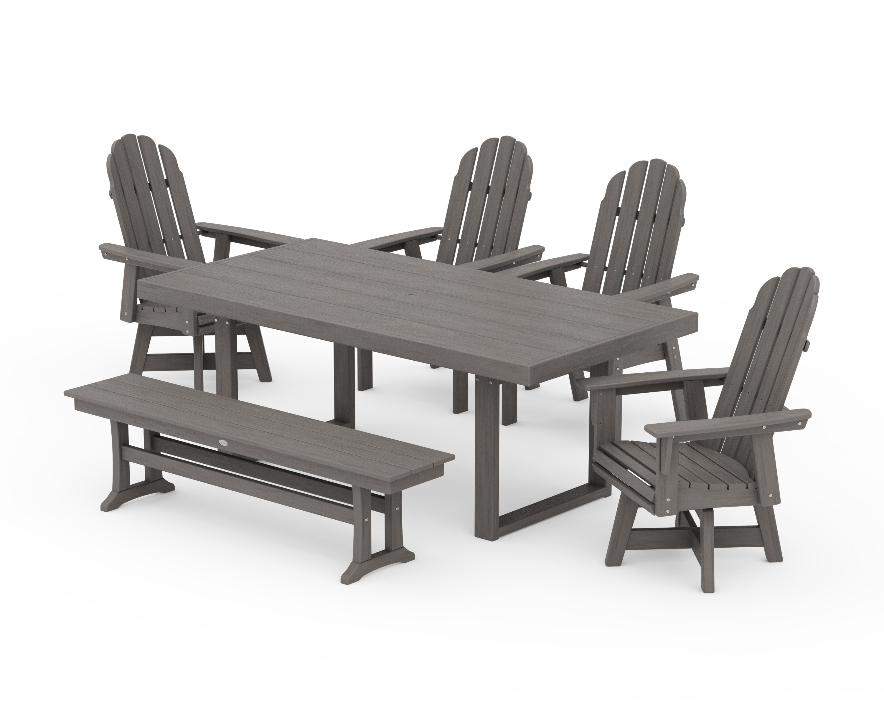 Vineyard Curveback Adirondack Swivel Chair 6-Piece Dining Set with Bench in Driftwood