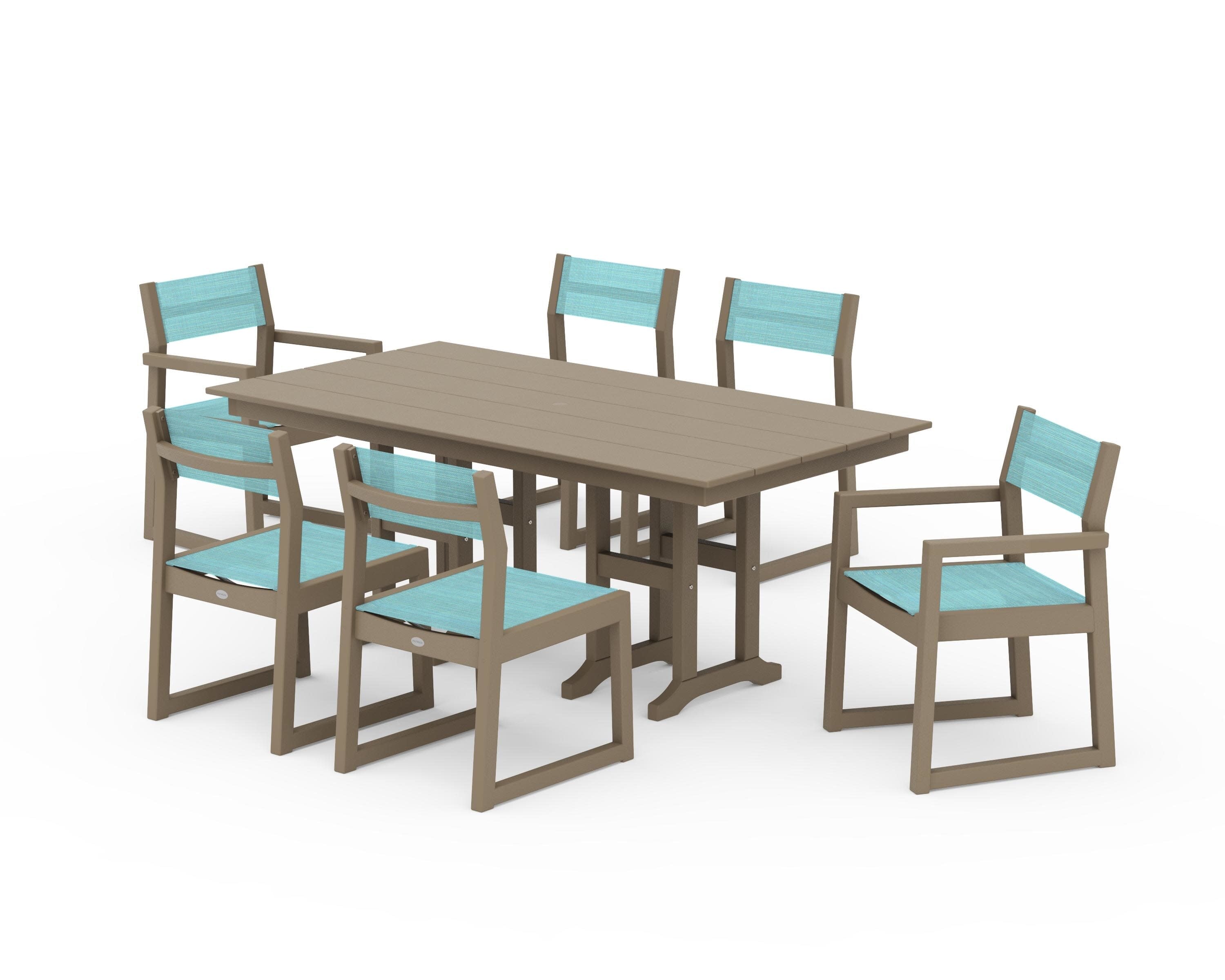 EDGE Sling 7-Piece Farmhouse Dining Set in Vintage Sahara / Dupioni Aquamarine Sling