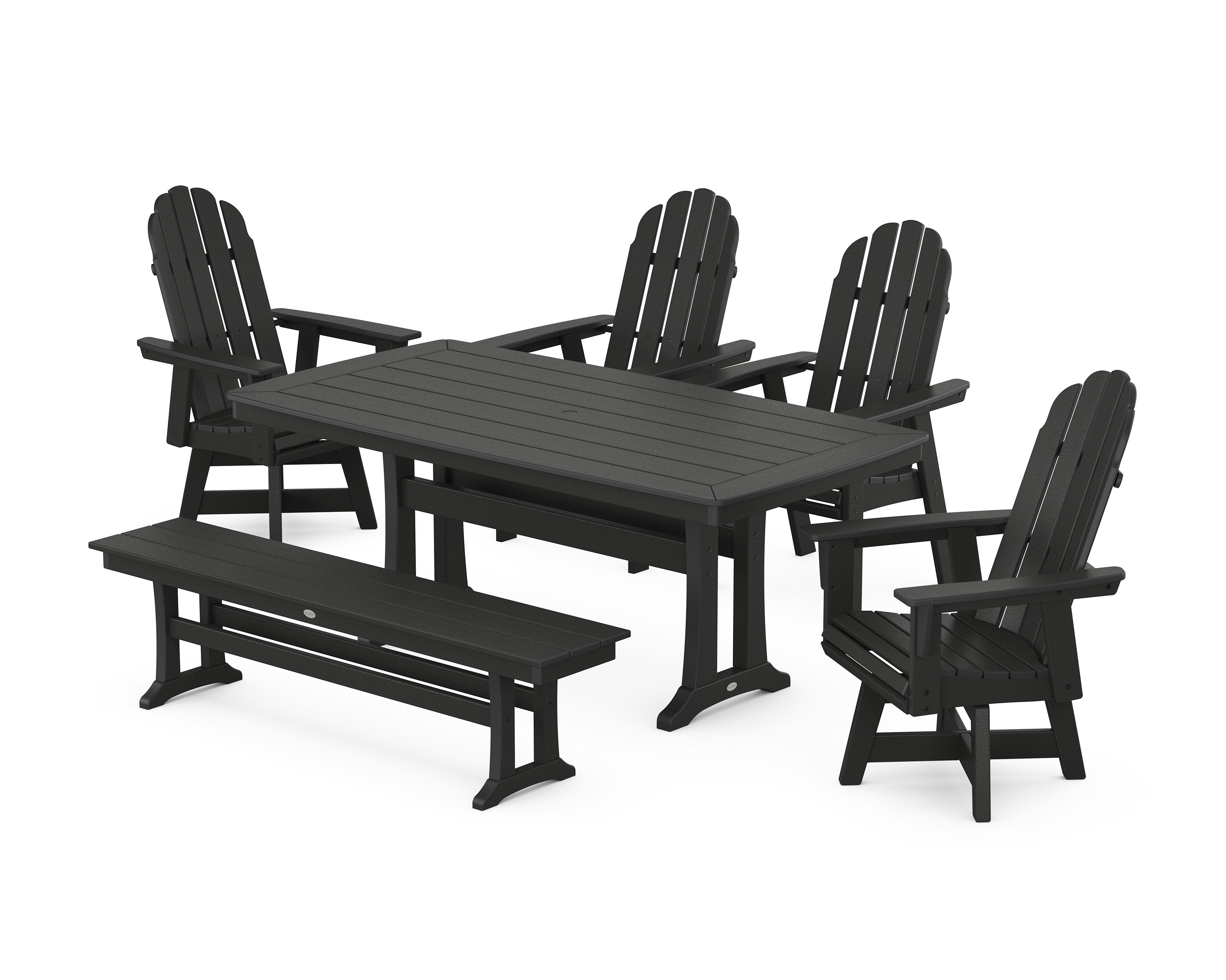 Vineyard Curveback Adirondack Swivel Chair 6-Piece Dining Set with Trestle Legs and Bench in Black