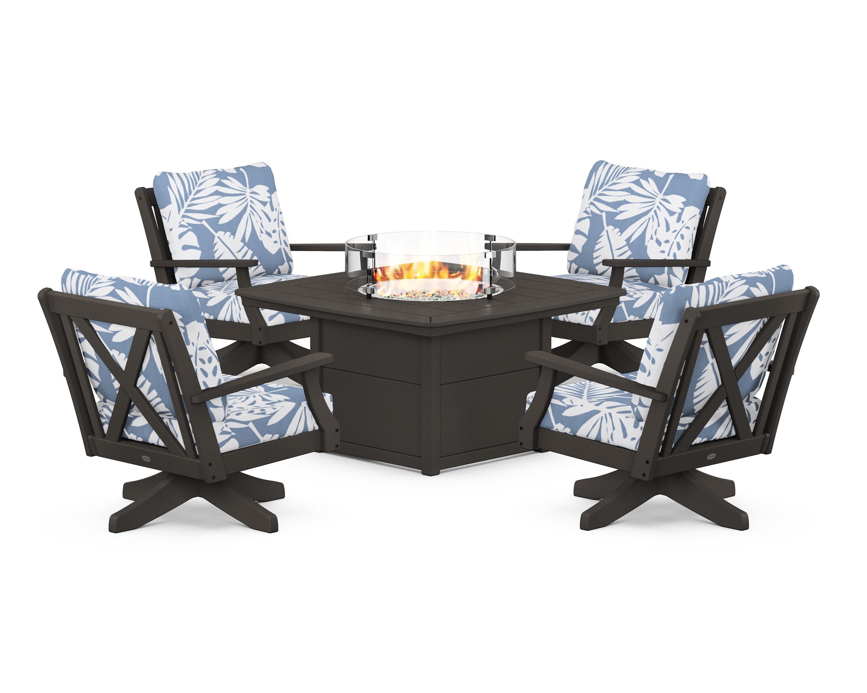 Braxton 5-Piece Deep Seating Swivel Conversation Set with Fire Pit Table in Vintage Coffee / Leaf Sky Blue