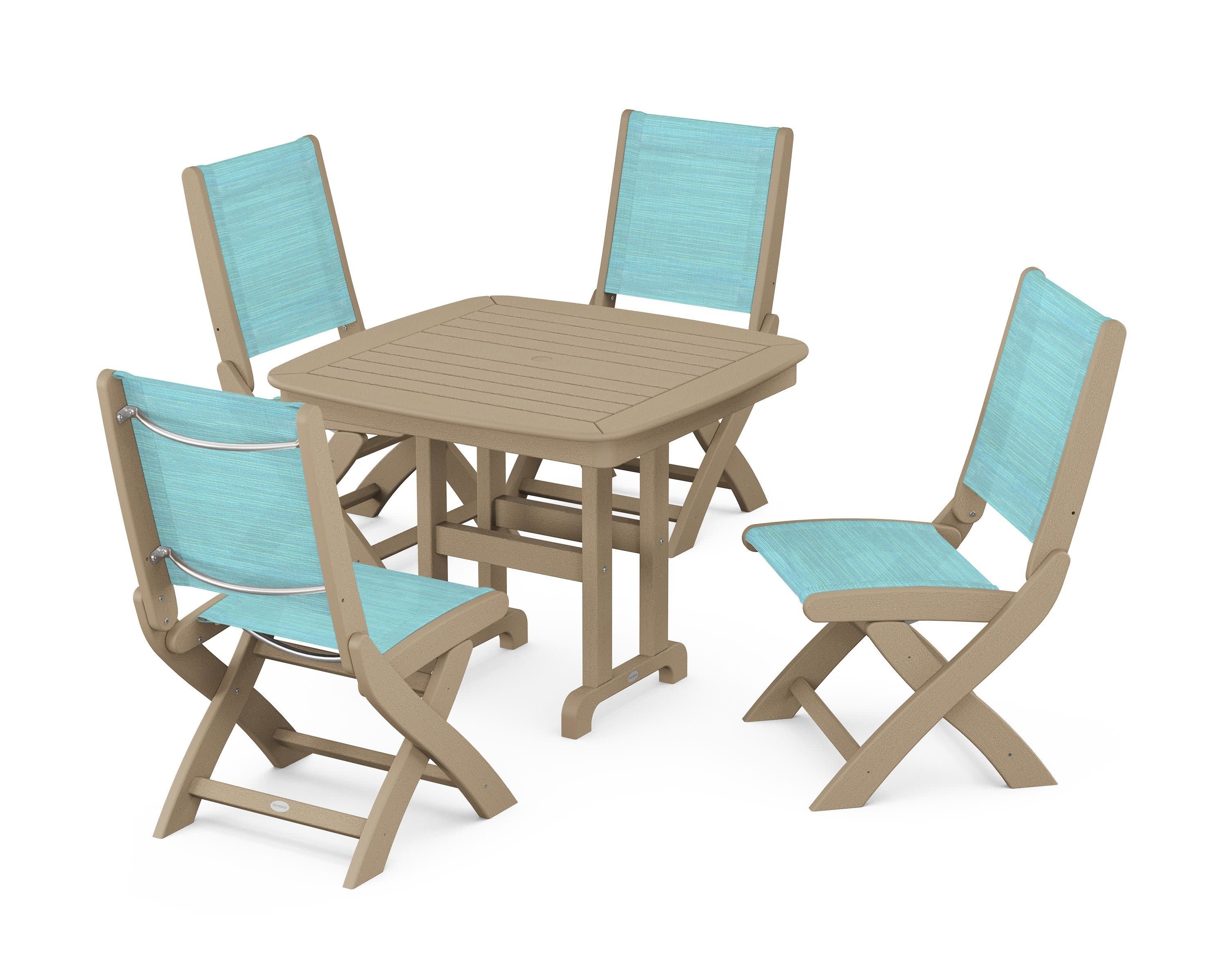 Coastal Folding Side Chair 5-Piece Dining Set in Vintage Sahara / Dupioni Aquamarine Sling
