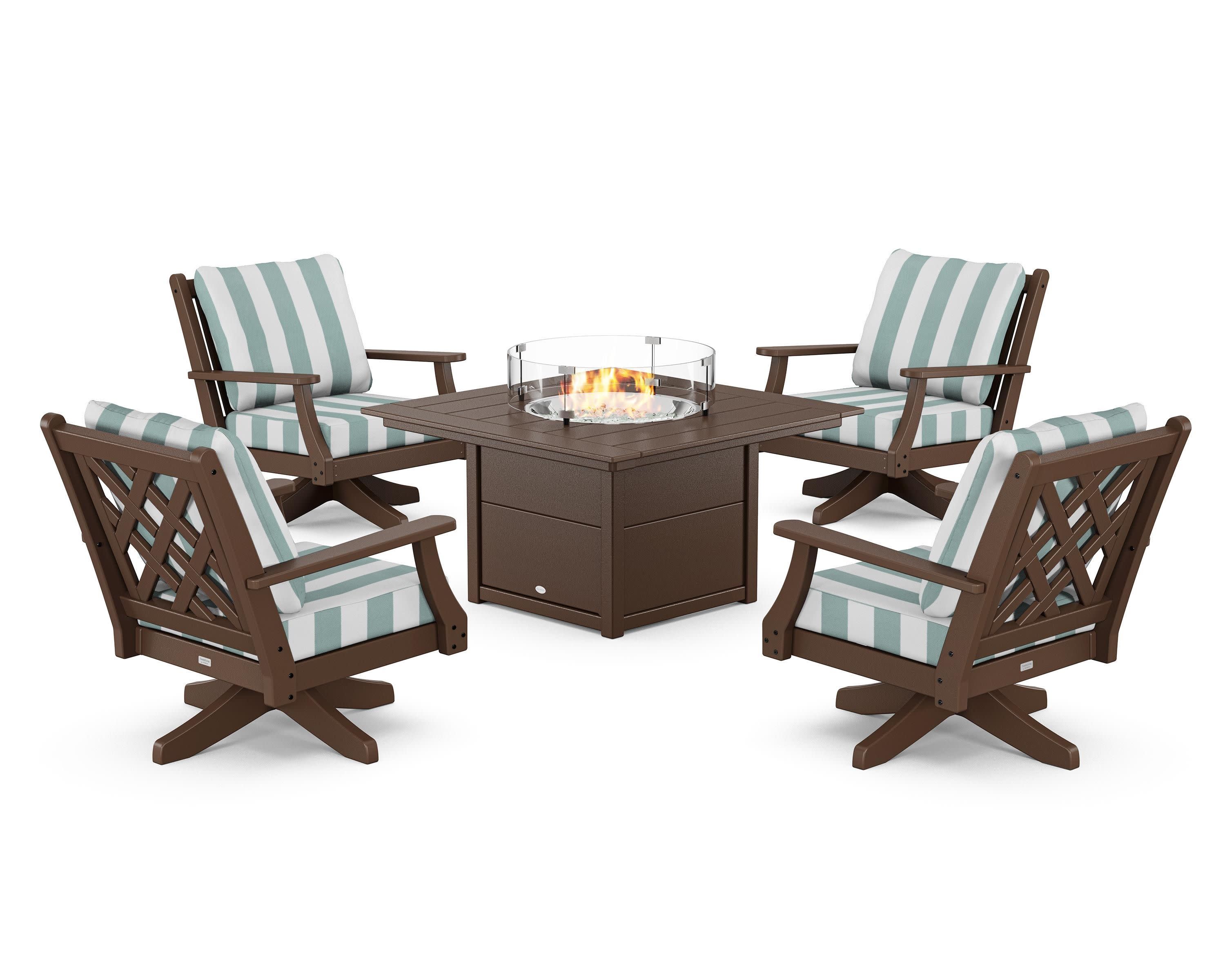 Wovendale 5-Piece Deep Seating Swivel Conversation Set with Fire Pit Table in Mahogany / Cabana Stripe Glacier Spa